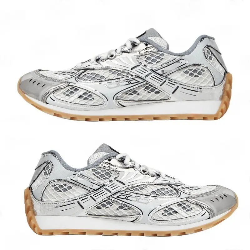 Retro Women Casual Sneakers, Breathable Mesh Upper Athletic Shoes with Metallic Silver Trim, Non-Slip Gum Rubber Outsole Vintage Walking Trainersmetallic silver，reflective silver，mesh sneakers