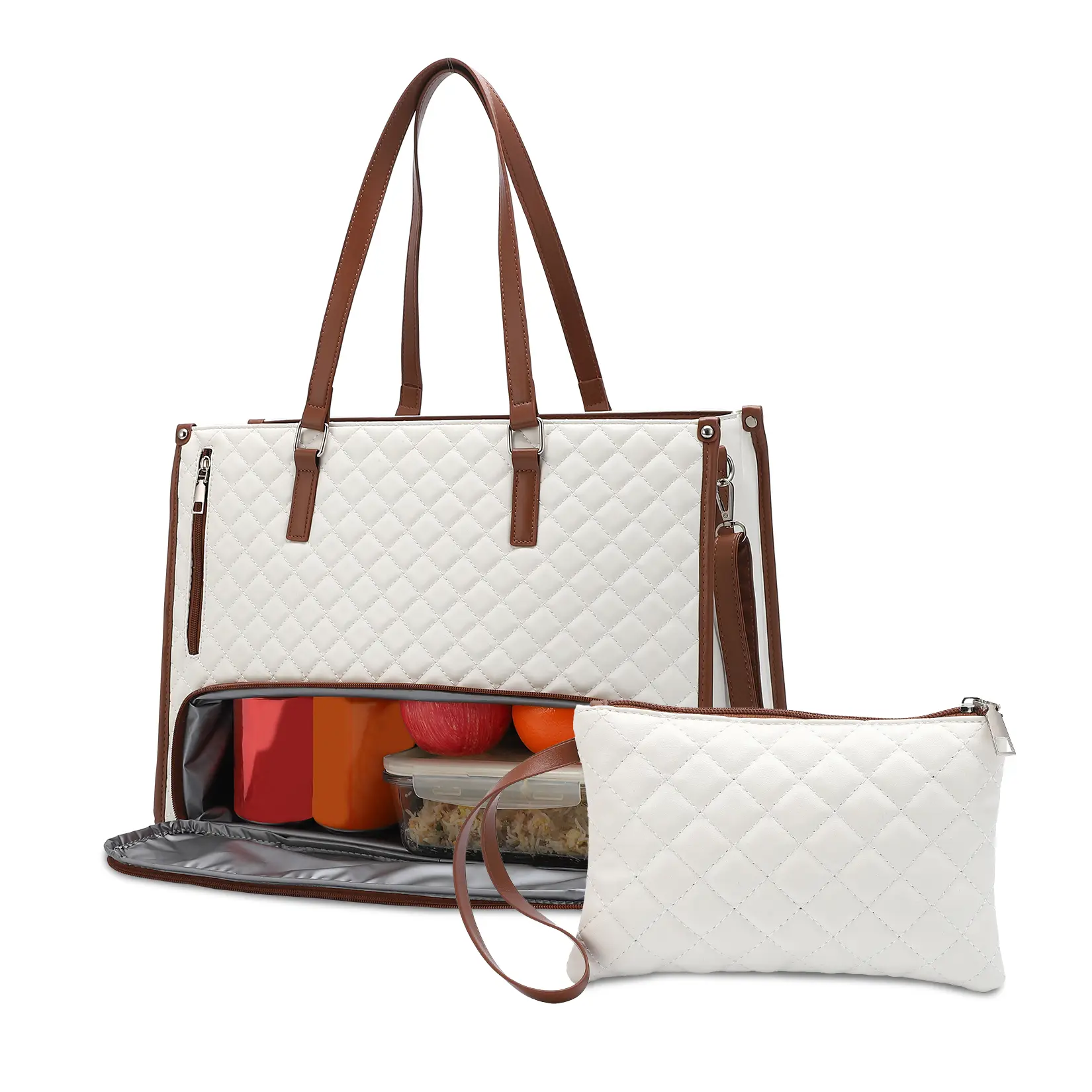 PU Leather Insulated Laptop Tote Bag for Women – 2-in-1 15.6" Work Briefcase with Leakproof Lunch Compartment & Removable Wristlet – Quilted Waterproof Office Purse – Size: 42*28*30cm