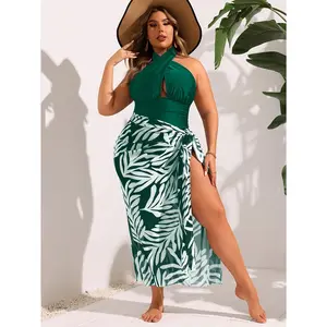 2026 Dark Green Halter Twisted One-Piece Swimsuit + Tropical Leaf Print Cover-Up Skirt, Plus Size Vacation Two-Piece Set
