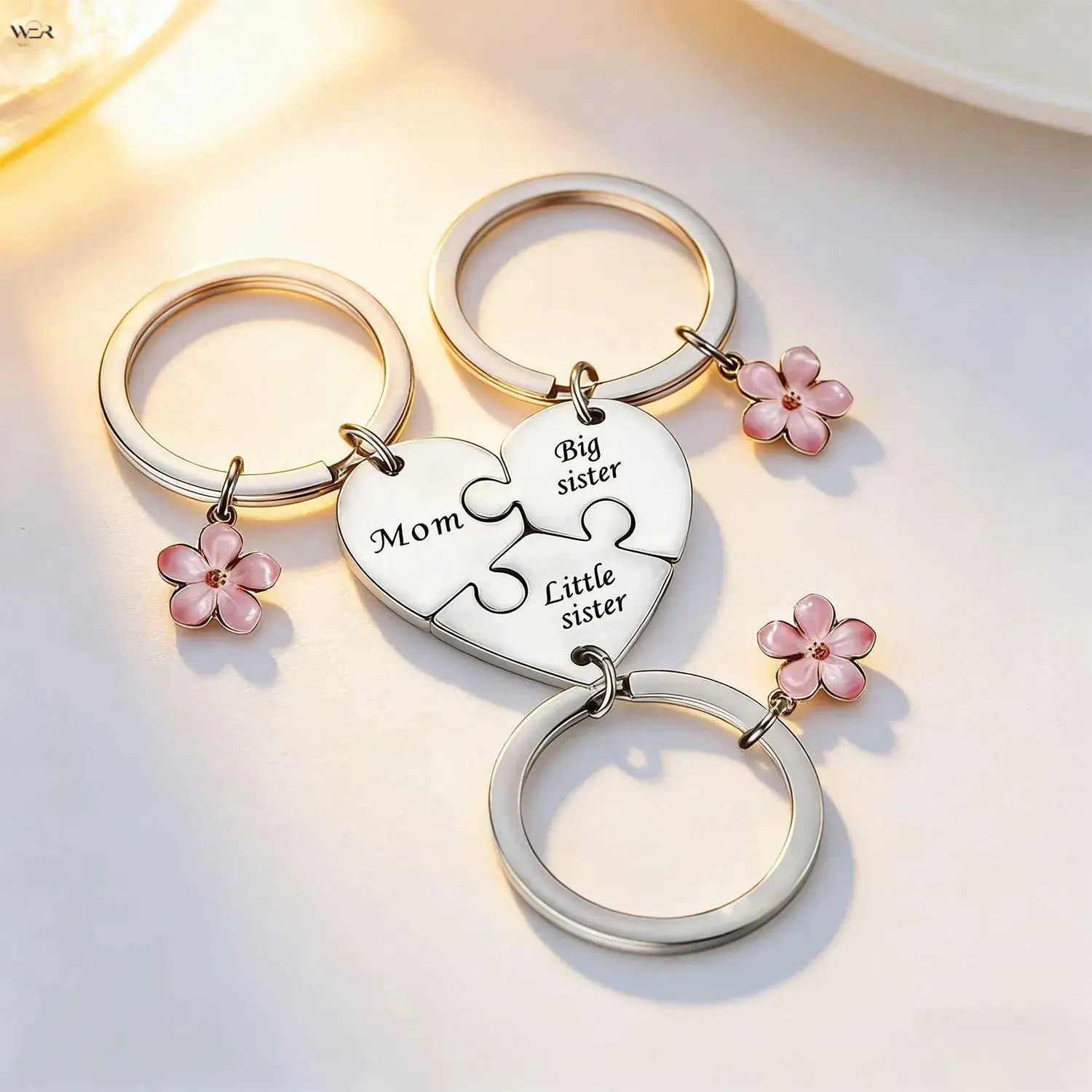 3-Piece Engraved Stainless Steel Heart Puzzle Keychain Set with Sakura Charms, Matching Family Jewelry Gift for Mom and Daughters, Stainless Steel Jewelry