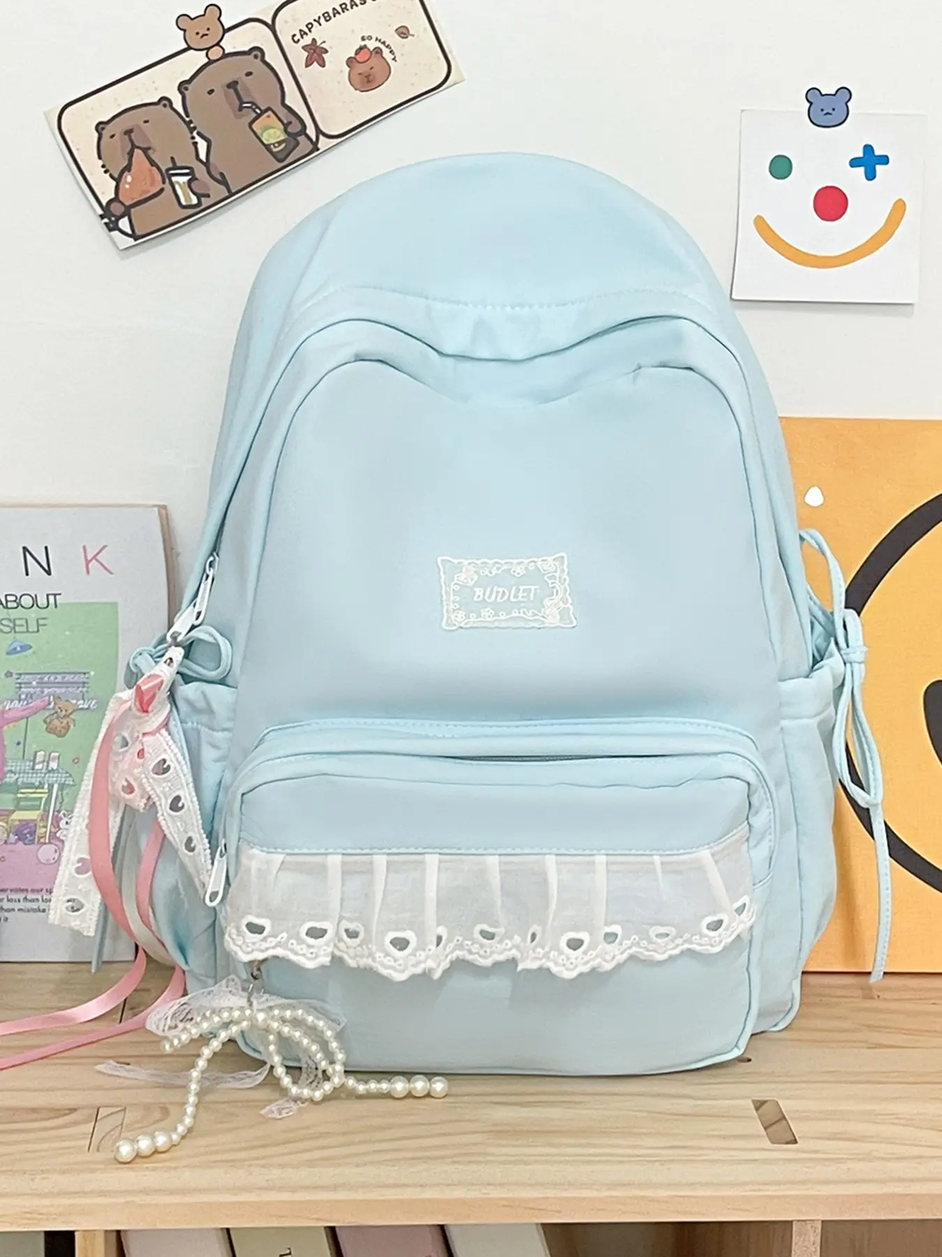 Light Blue Lace Bow Lolita Backpack, Large Capacity Waterproof School Bag, Cute Anime Style for Girls, Perfect for Daily Use & Travel