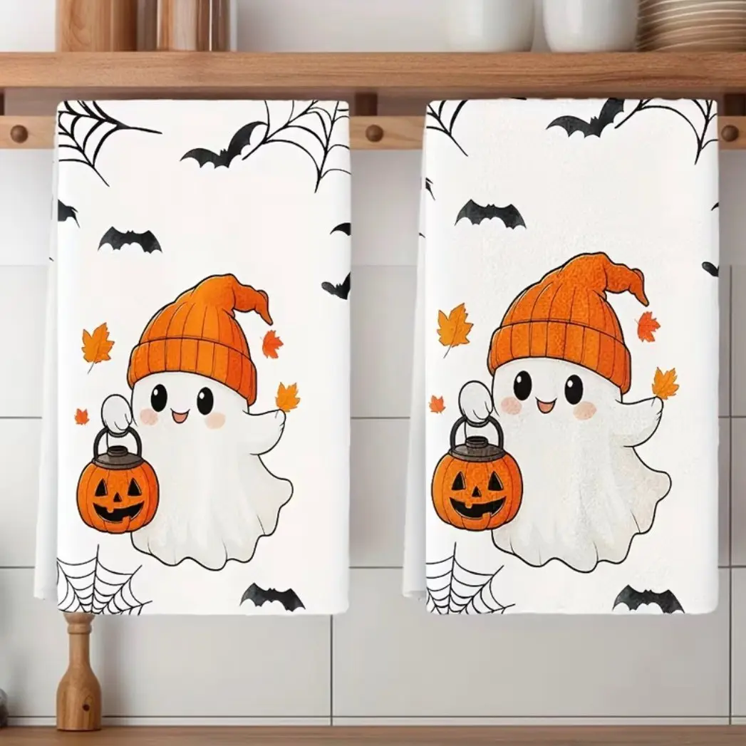 2pcs Cute & Pumpkin Kitchen Towels with Bats & Cobwebs - Durable Polyester Dishcloths and Decorative Hand Towels for Halloween & Fall Decor, Modern Rectangular Dish Drying Cloths with Smiling Ghosts, Spiders Design in Orange, Black，kitchen decorations