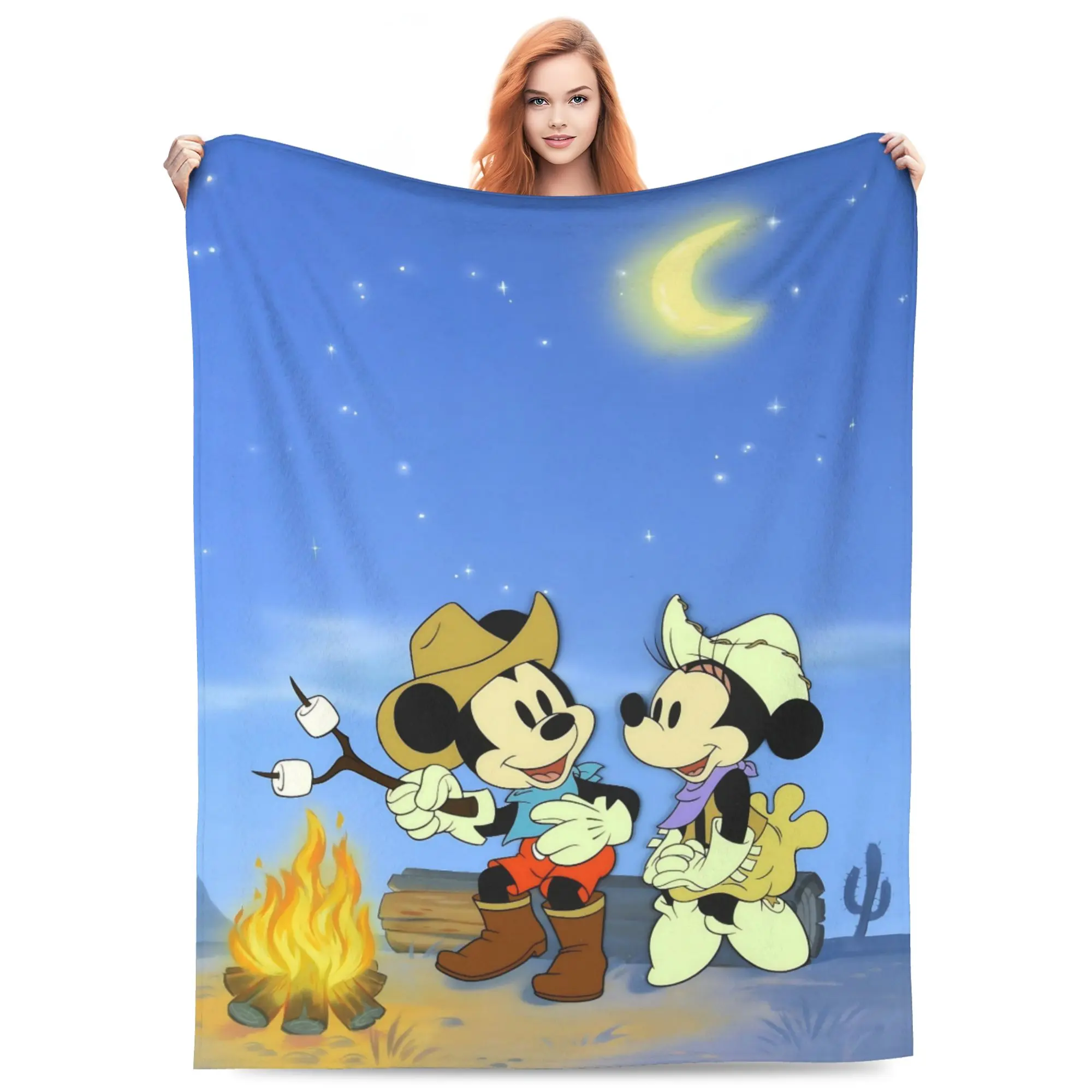 DISNEY CLASSIC Cowboy Mickey Minnie Campfire Throw Blanket, Starry Night Crescent Moon Western Desert Cartoon Print Flannel Fleece Blanket Soft Cozy Blanket for Sofa Bed Gift for Couples Kids