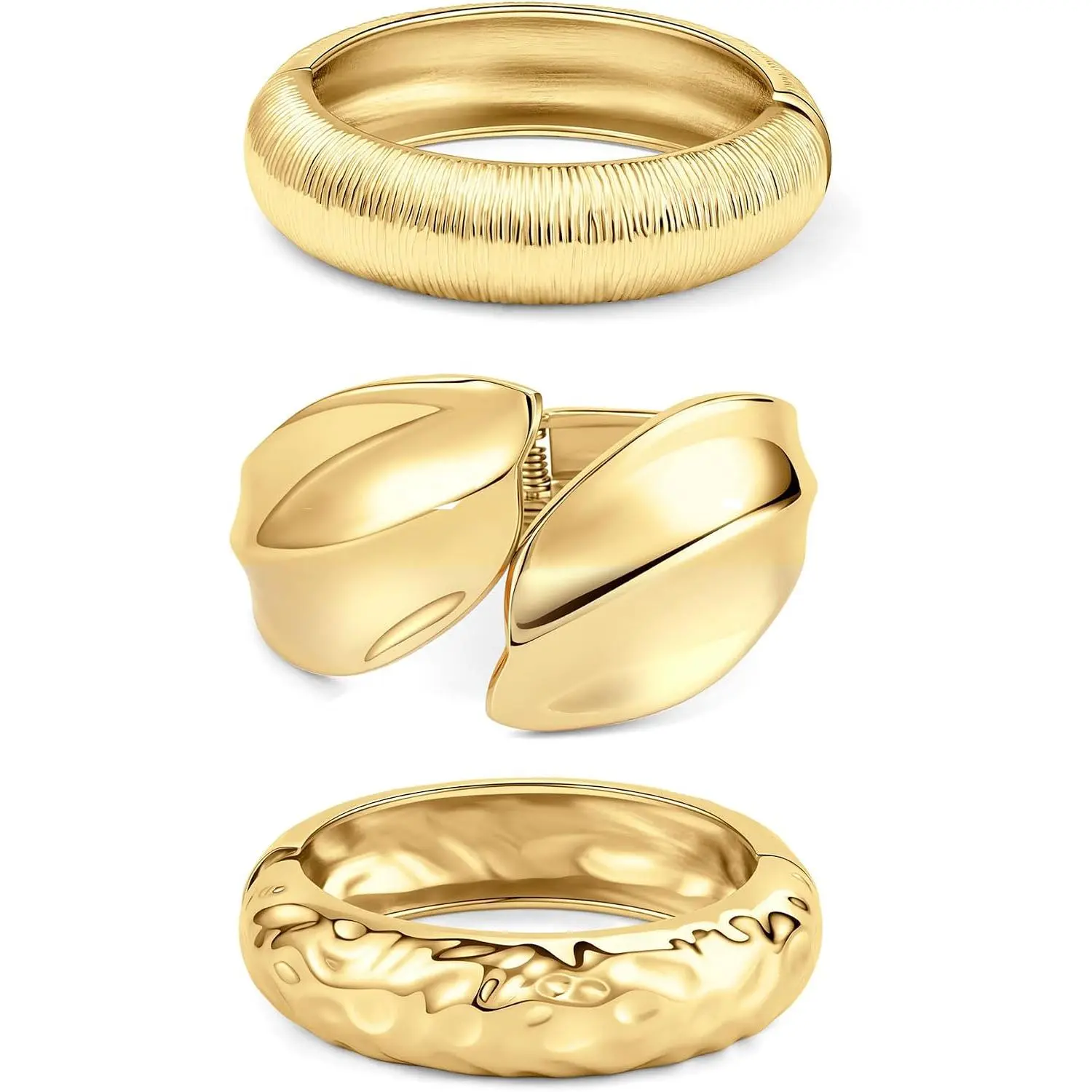 3PCS Chunky Gold Bangle Set – Stackable Cuff Bracelets, Trendy Arm Jewelry Gift for Women