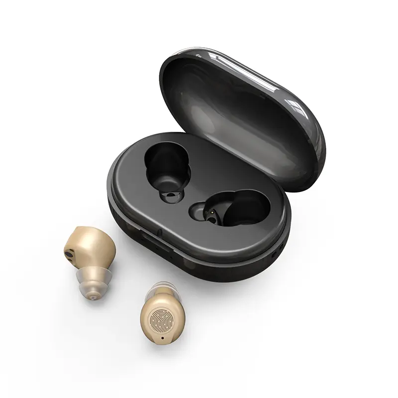 Over-the-Counter (OTC) rechargeable hearing aids for seniors with intelligent noise reduction, adult hearing amplifiers for hearing loss, hearing amplifiers with magnetic charging case, healthcare beige