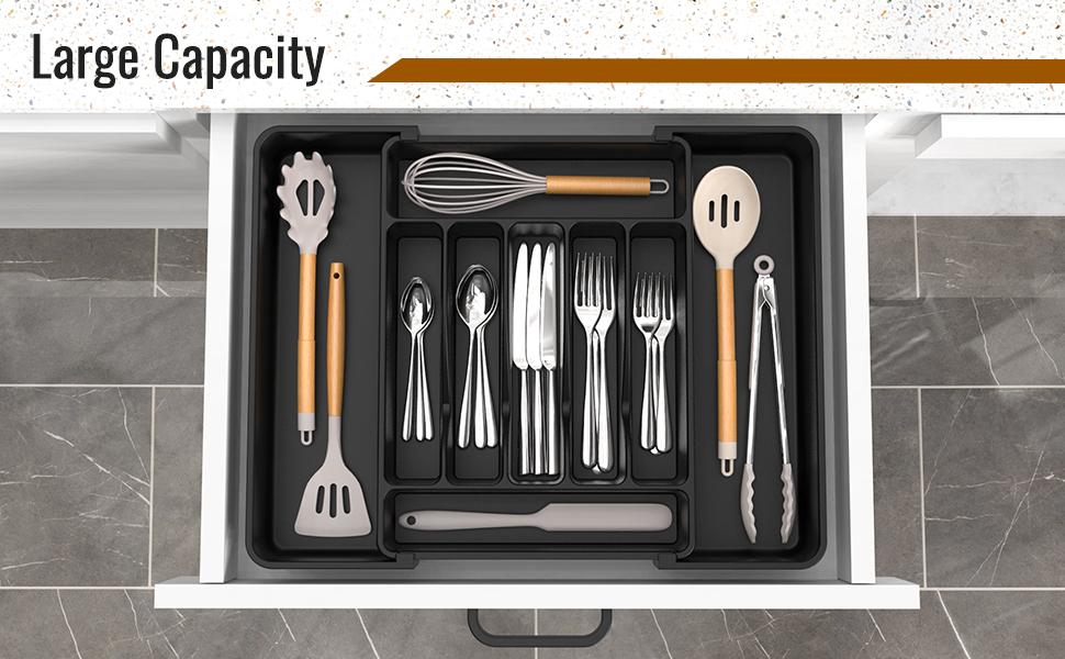 Ukeetap Extra Large Expandable Silverware Organizer BPA-Free Food-Safe Cutlery Flatware Drawer Organizer Adjustable Holder for Spoons Forks Knives White 7-9 Compartments 12.4" to 21" Width