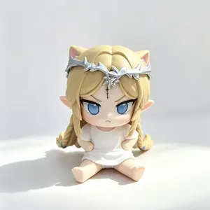 2Pcs Chibi Elf Girl Mini PVC Figure Set Cute Sitting Anime Elf Statue Long Blonde Double Braids Blue Dragon Horn Hair Ornaments Pointed Elf Ears Forehead Tribal Mark Big Gradient Dark Purple Eyes Pout Grumpy Face Plain White Short Sleeve Outfit Compact Po