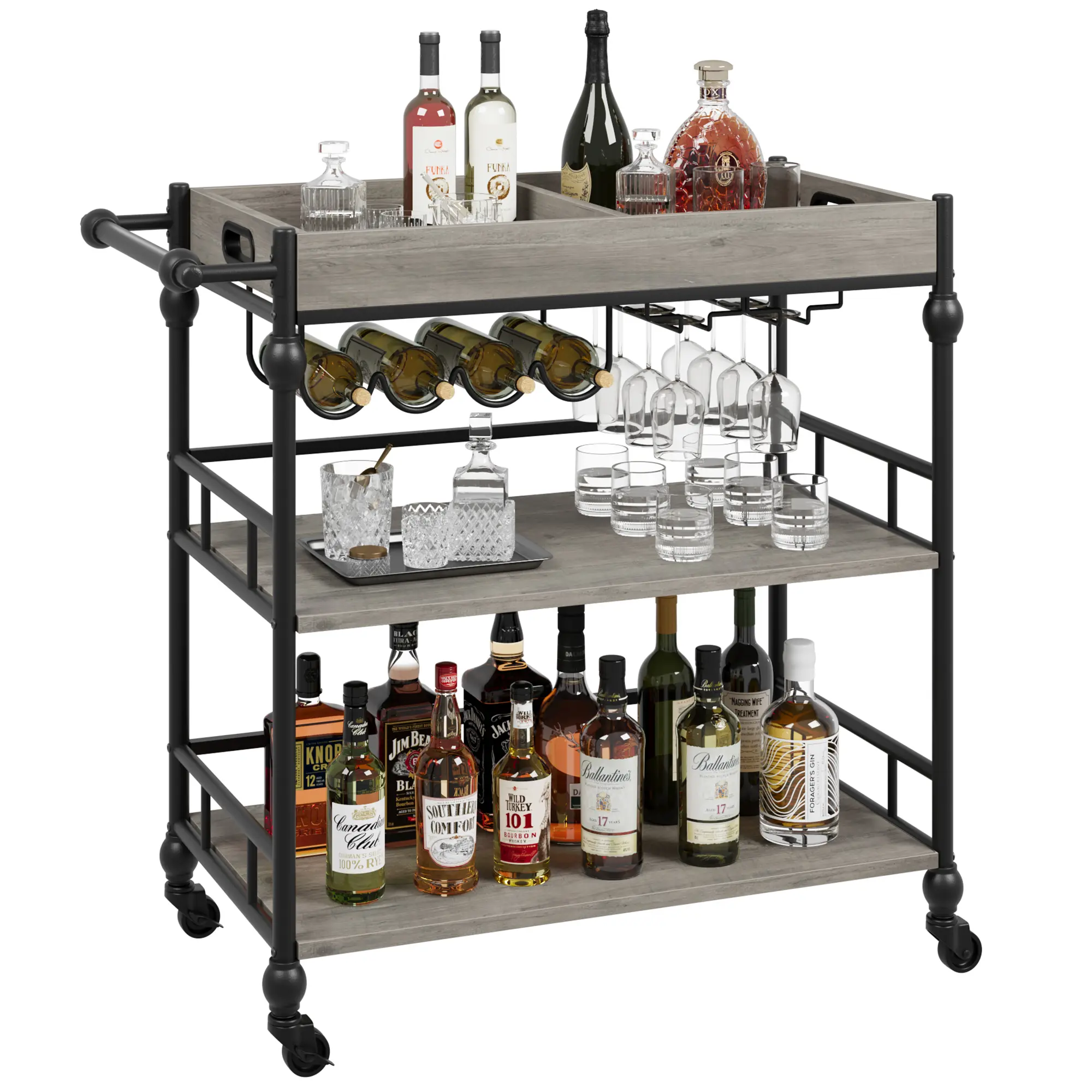 3-Tier Bar Cart with Wheels – Metal Rolling Serving Cart with Wine Rack, Removable Tray, and Glass Holder – Mobile Beverage and Storage Cart for Kitchen, Dining Room, Home Bar Furniture