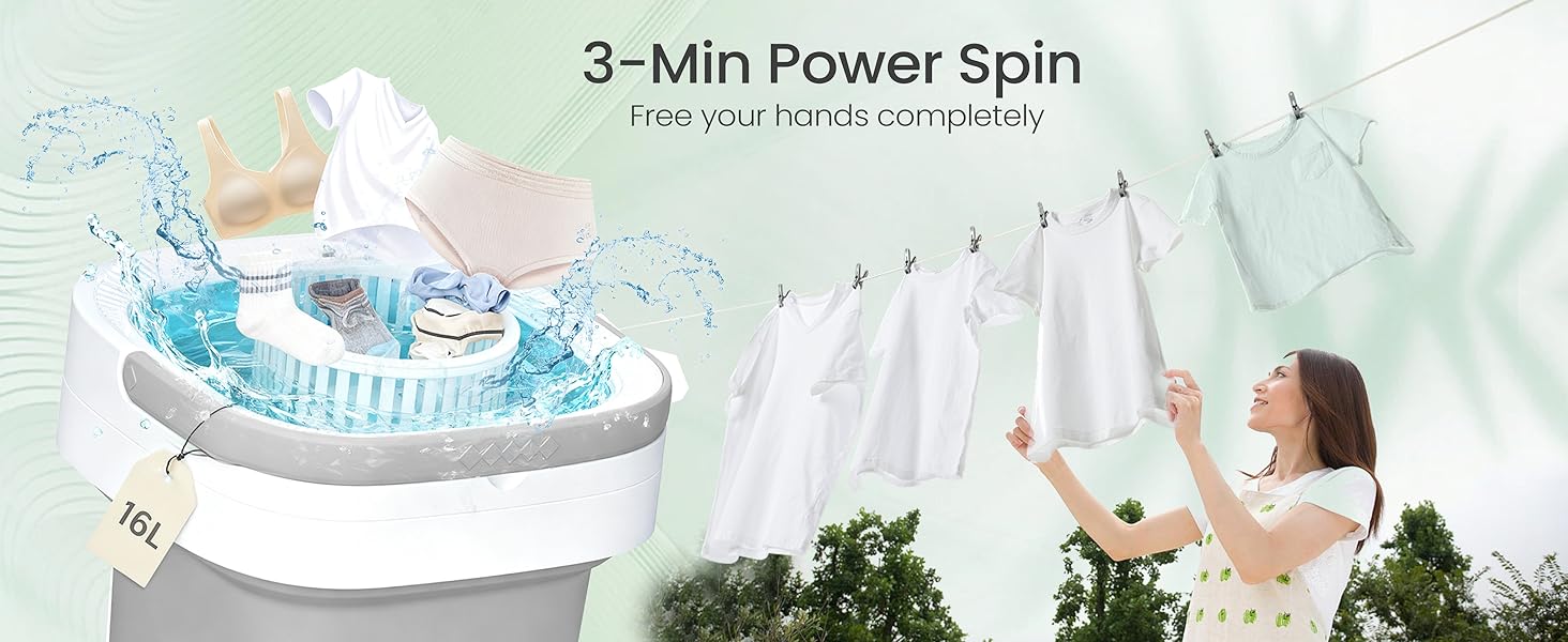Portable Washing Machine - 16L Mini Foldable Washer with Spin Basket, 3 Cleaning Modes & Deep Cleaning for Small Clothes, Collapsible Laundry for Apartment, Home, Hotel and Travel (Gray)