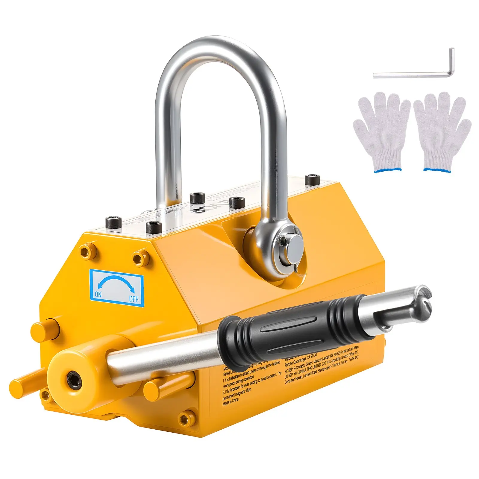VEVOR PM-600 Permanent Magnetic Lifter, 1320 lbs Pulling Capacity, Heavy Duty N42 Neodymium Magnet with Release Safety Handle & Steel Hook, for Transport, Flat Surfaces, Shop Crane, Hoist, Plate Steel (Tools & Hardware Gloves Compatible)