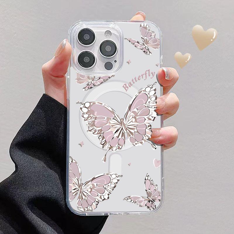 Premium Magnetic Case for iPhone12/13/14/15/16/17promax The product features a butterfly pattern design, magnetic closure, and is drop and shock resistant