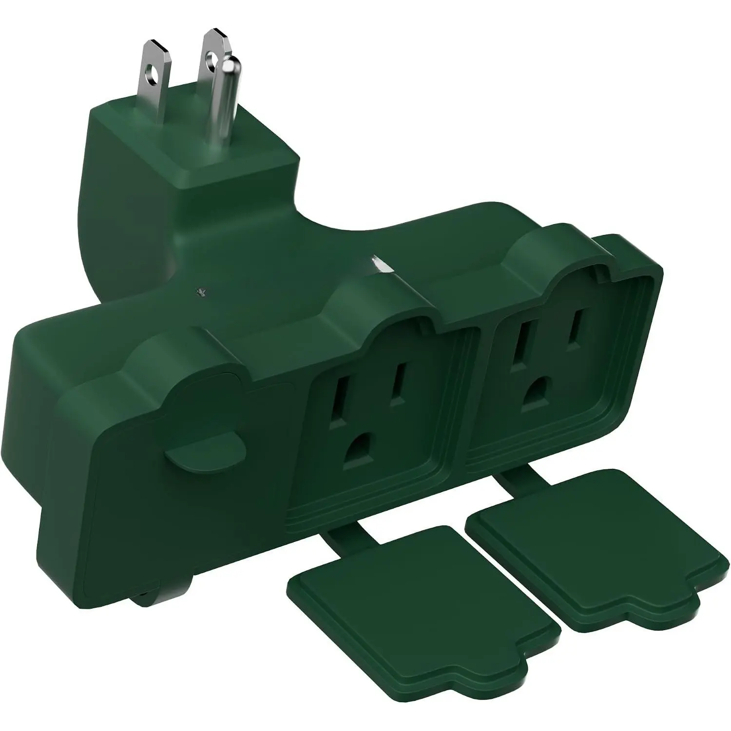 3-Outlet Flush Fit Wall Plug Adapter, Green Heavy-Duty Weatherproof Outdoor Power Splitter, ETL Certified Multi-Outlets Extender with Safe Cover, 3-Prong Grounded Plug for Holiday & Office Use