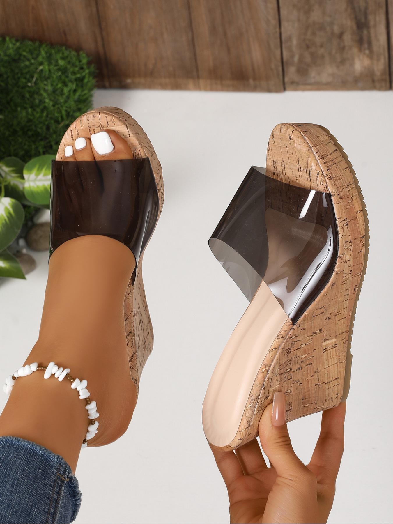Women's Fashionable Stylish Footwear Elegant Cork Wedge Sandals, Casual Comfortable Open Toe Wedge Transparent Strap High Heel Platform Rubber Sandals for Summer, Female Versatile Wedge Sandals for Daily Wear Platform Heel Shoes