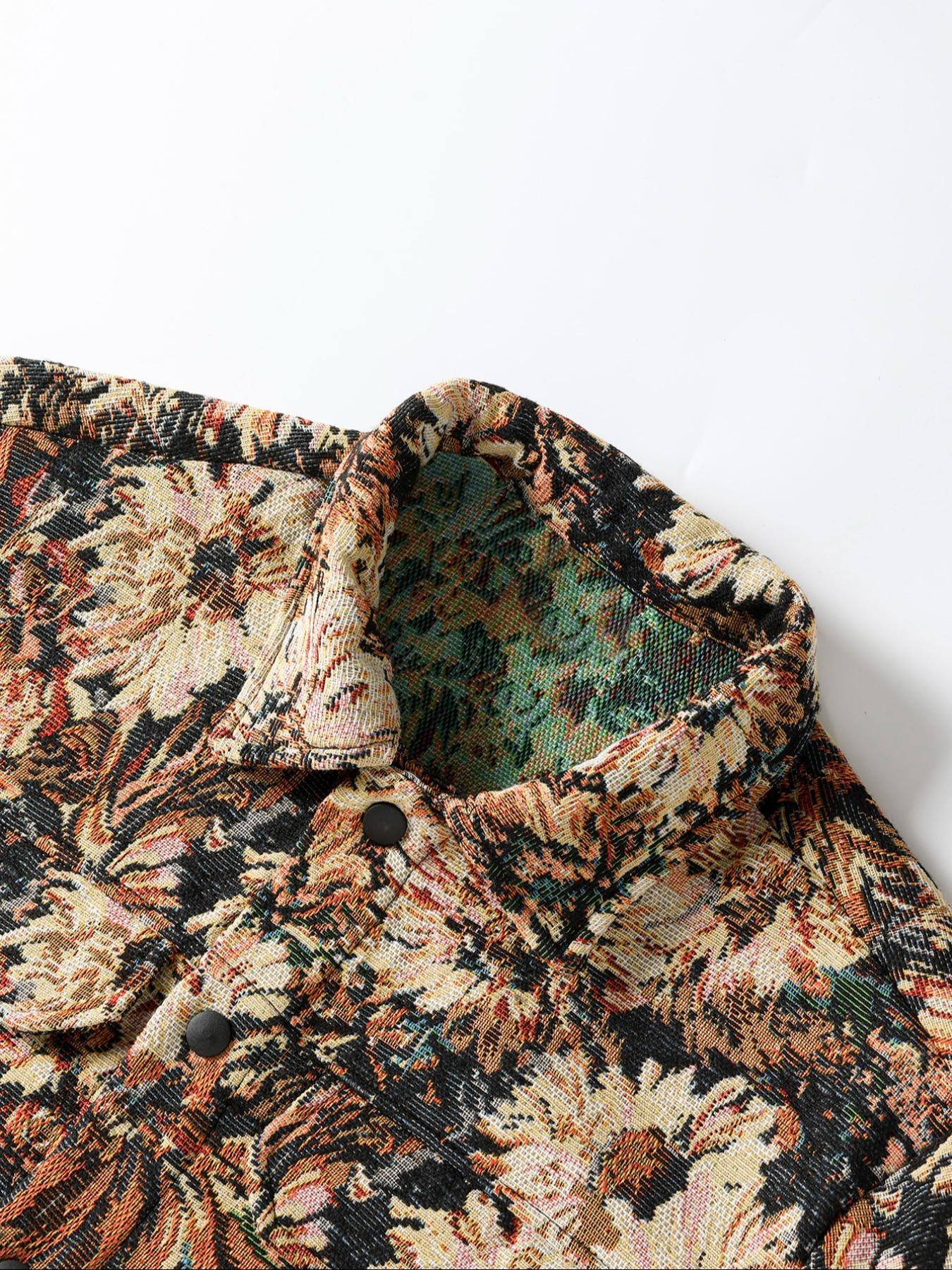 Men's Floral Print Button Front Jacket, Coats, Regular Fit Casual Long Sleeve Collared Outerwear for Fall & Winter, Men's Clothes for Daily Wear