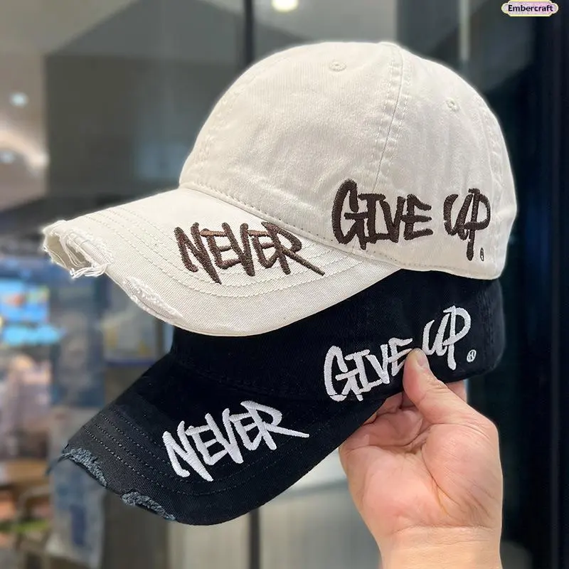 Cool Unisex Distressed Embroidered Dad Hat - Washed Fabric, Curved Brim, Ripped, Sun Protection Graphic Print Cap, Adult Fashion Accessory, Vintage Streetwear, Ideal for Casual Wear, One Size