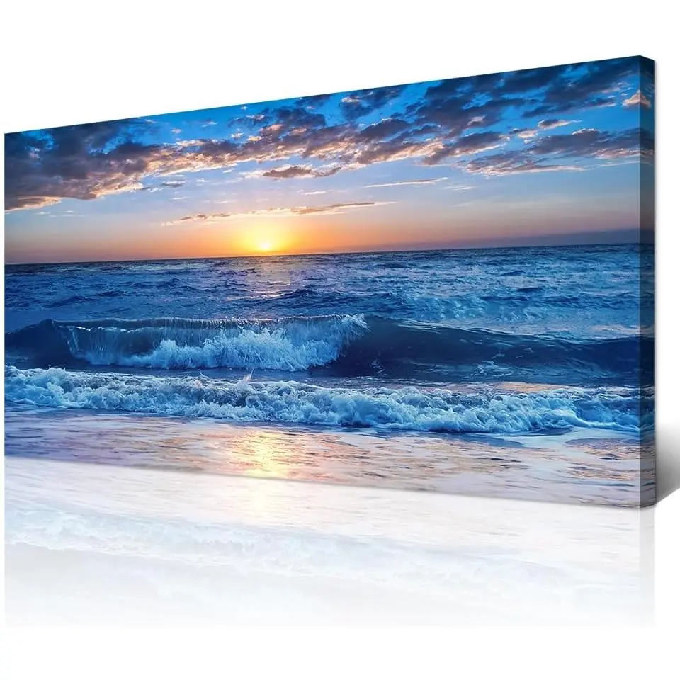 Canvas Wall Art For Living Room Modern Decor For Bedroom Ocean Beach Wall Paintings Blue Sea View Wave Wall Pictures Prints Artwork Office Decor Room Aesthetic Home Decoration 20"X 40"