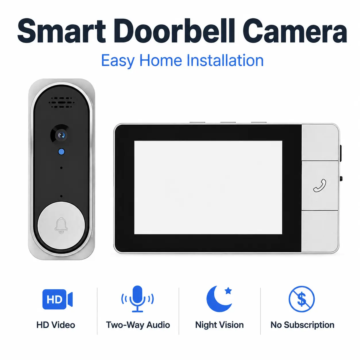 HD Wireless Doorbell Camera with Display Monitor, Two-Way Talk & Night Vision, App-Free Video Doorbell System with No Subscription Fees for Home Entry Security