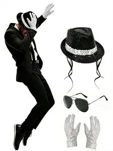 Disco Stage Performance Set, Music King Glitter Hat Glasses Gloves, Party Accessories, Halloween, Retro, Pool, Beach, Music Festival, Nightclub