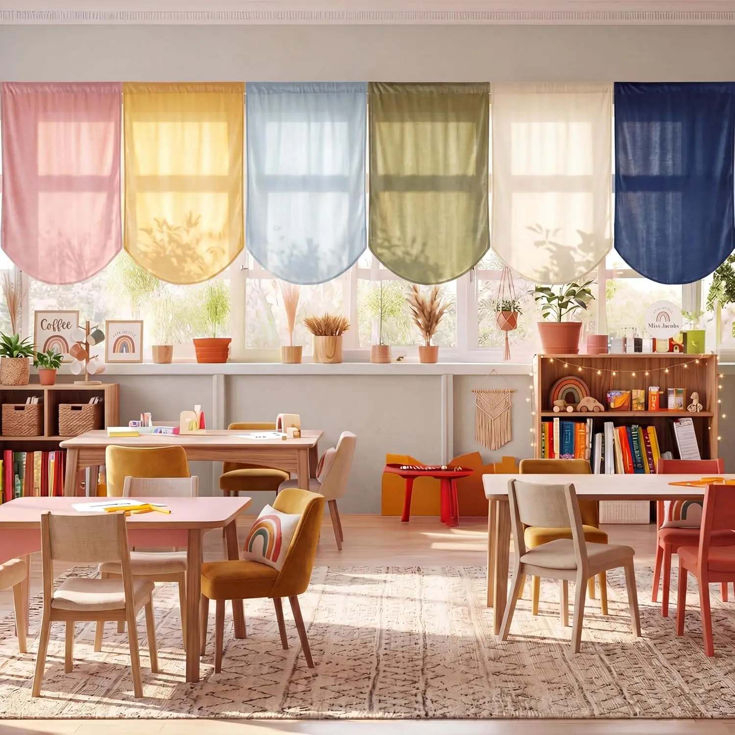 6 Pcs School Classroom Curtains Back to Classroom Colorful Curtains for Kindergarten Daycare Primary Bedroom Playroom Room Decor (Boho)