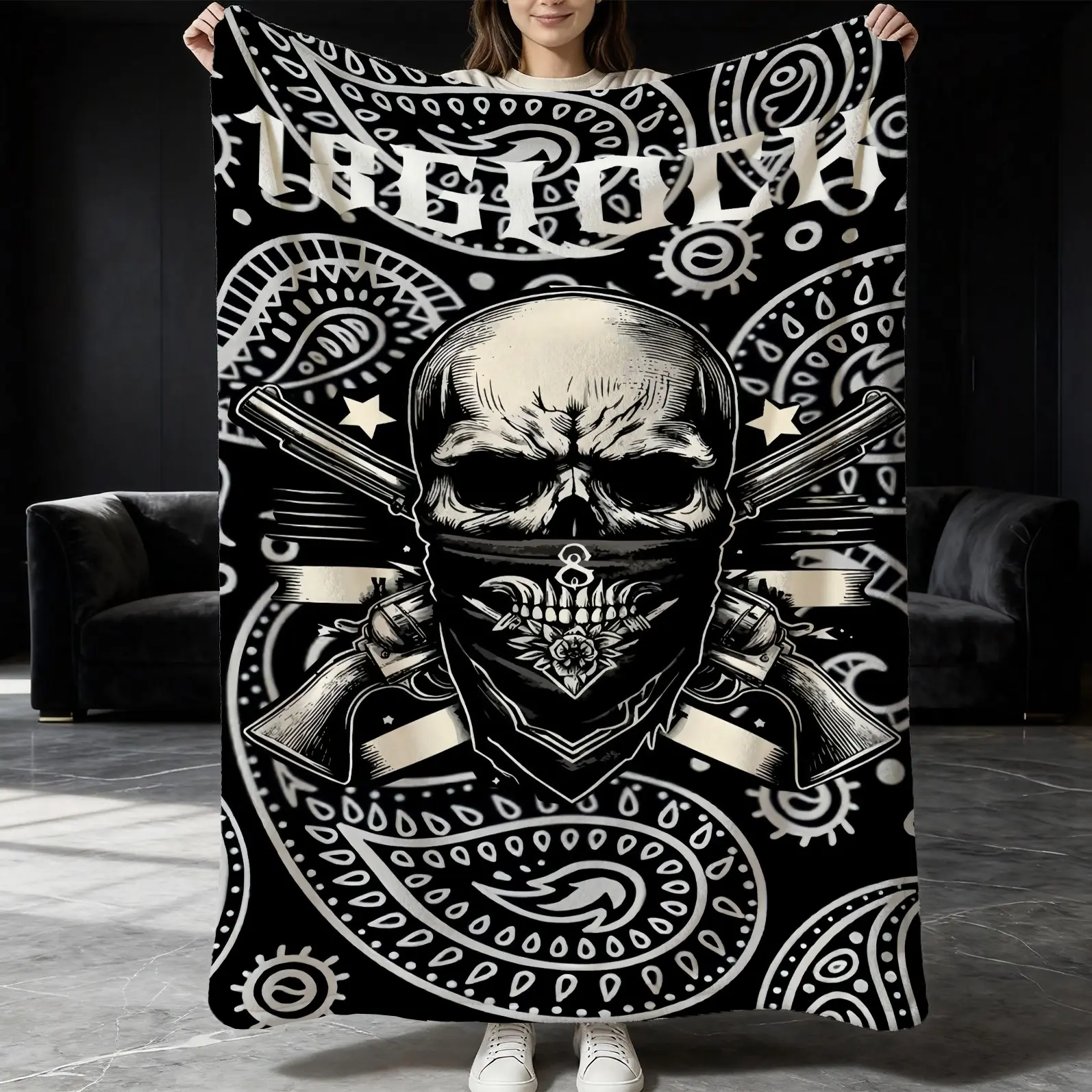 1-Pack Chicano Bandana Skull Paisley Flannel Throw Blanket. Lightweight & Skin-Friendly, ideal for sofa, bed, couch, camping and travel. Trendy gift blanket for streetwear lovers and Chicano style enthusiasts.