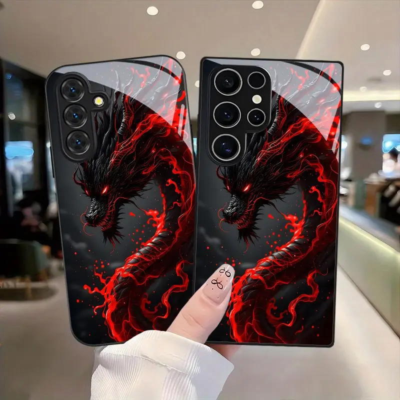 Black Dragon Pattern Flame Design Anti-Drop Tempered Glass Phone Case, Mobile Phone Accessories for Samsung Galaxy S26 S25 S24 S23 S22Pro S21 S20 Fe Plus Ultra Pro A56 A55 A54 A53 A52 A51 A36 A35 A34 A32 A26 A25 A24 A23 A16 A15 A14 A06 A05 A03s