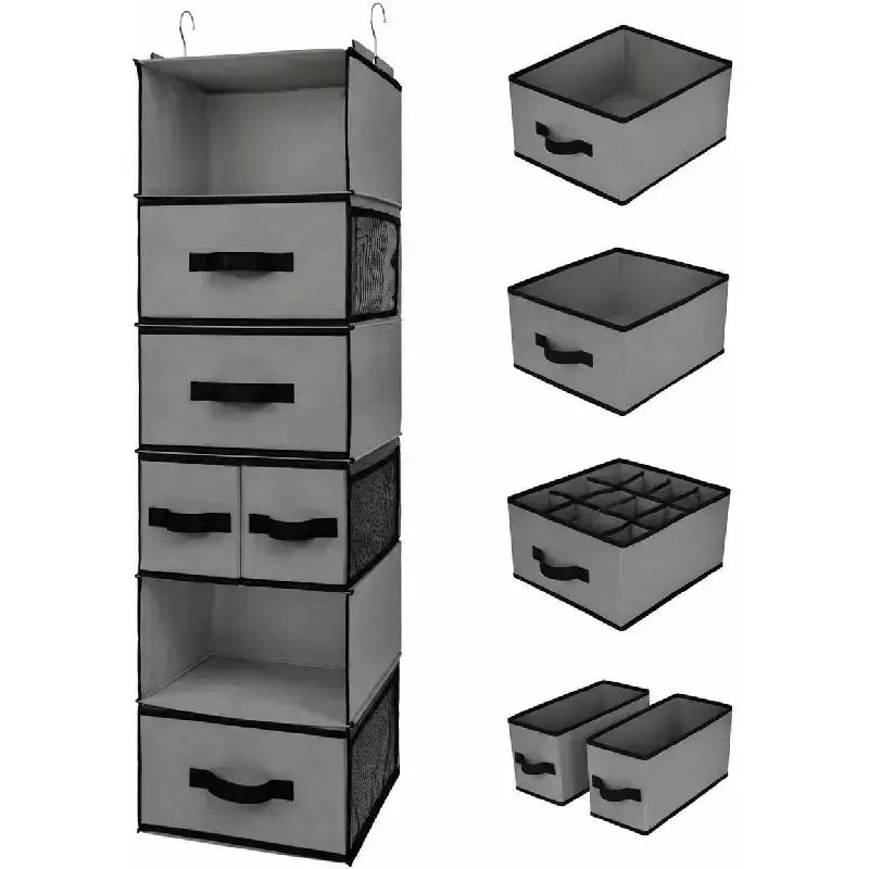 Gray Hangable Closet Organizer with 6 Shelves, 5 Drawers for Closet, 6 Side Pockets – Home Storage Solution for Clothes