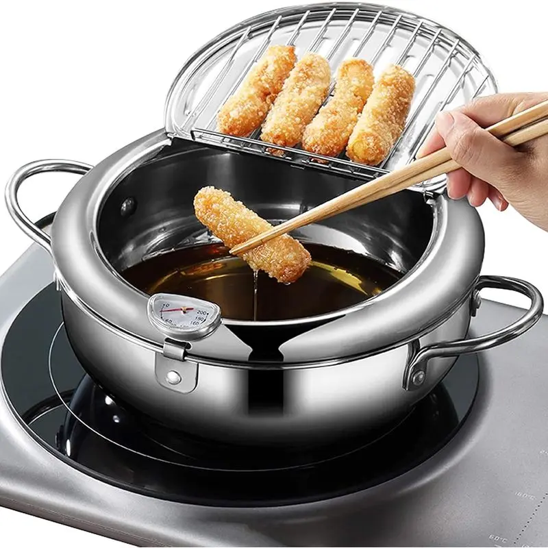 Stainless Steel Deep Fryer Pot - Japanese Tempura Small Fryer with Thermometer, Lid, Oil Drip Rack & Stainless Steel Pan for French Fries, Chicken Wings
