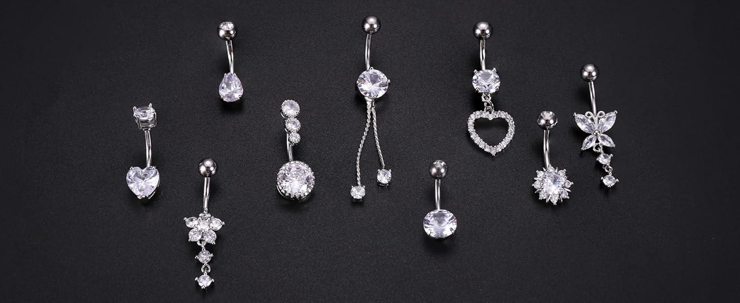 ZELORES 9PCS Surgical Stainless Steel Hypoallergenic Belly Button Rings with Extra Replacement Balls, Trendy Dangle Belly Button Piercing Jewelry for Women, 14G - Silver/Gold/Rose Gold