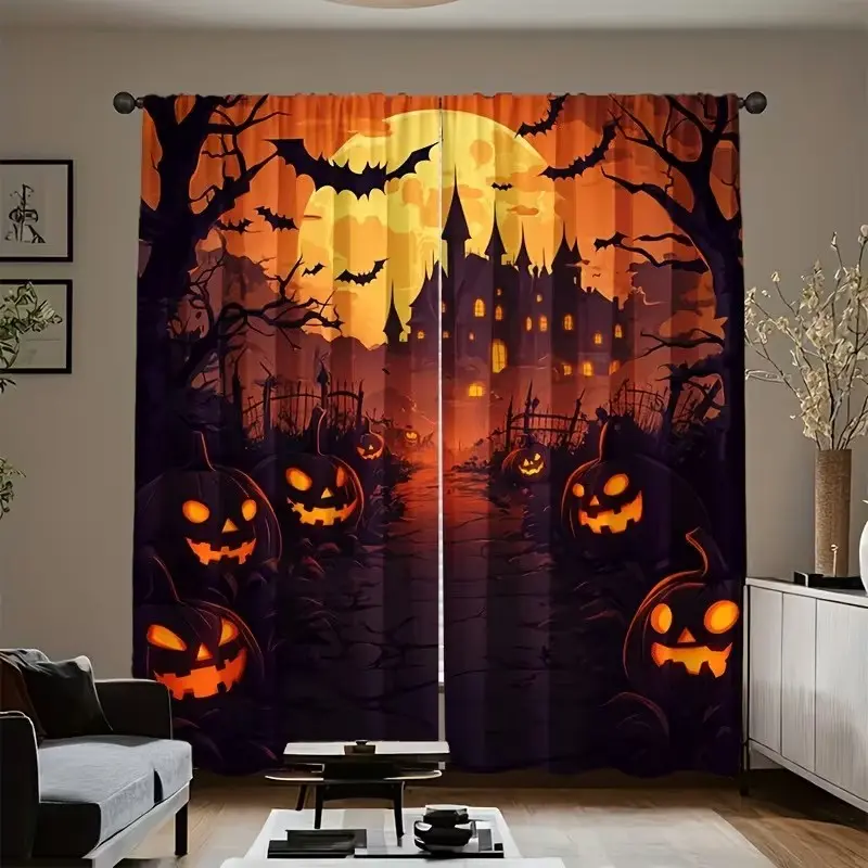 2 pieces of Halloween moonlit castle pumpkin printed decorative curtains, Window Drapes, light filtering for privacy, hand or machine washable, suitable for Halloween home decoration