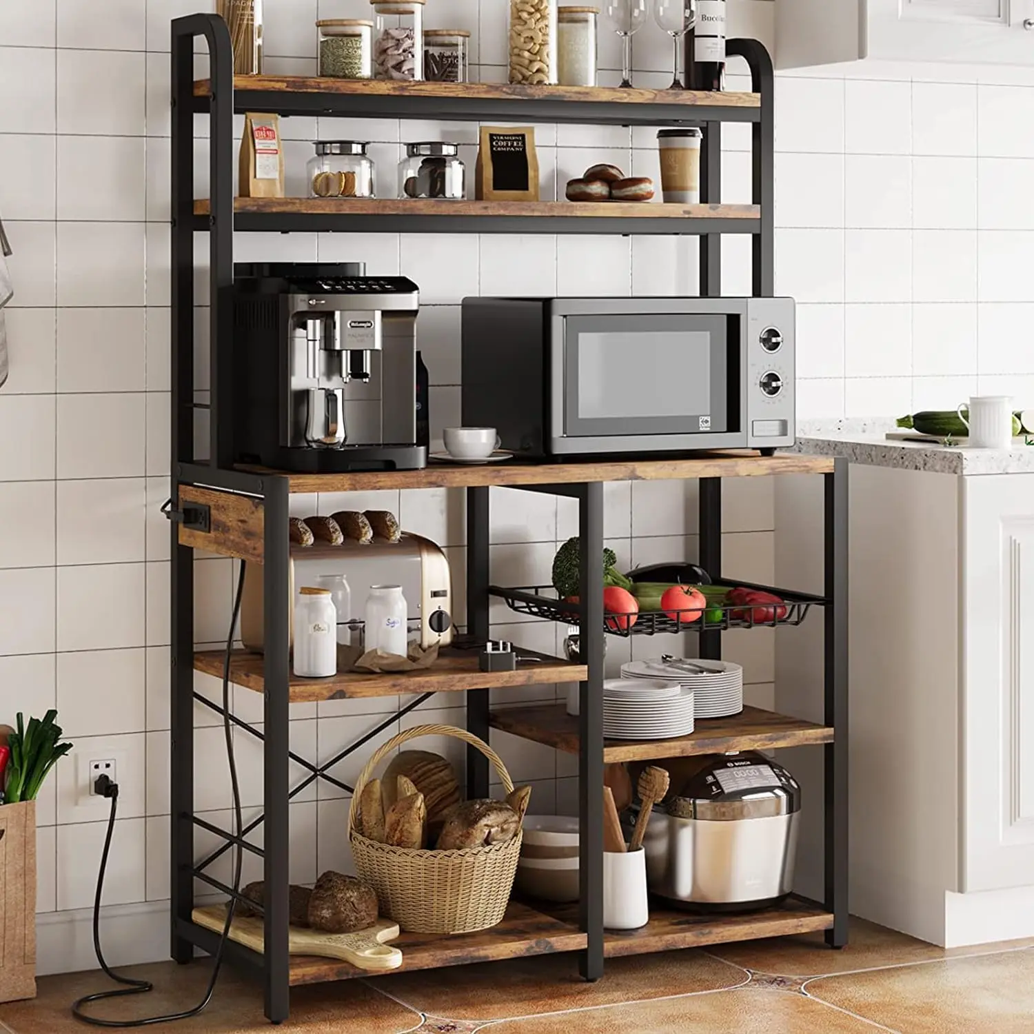 Garvee Rustic Brown 6-Tier Bakers Rack with Storage Cabinet and Power Outlet – Microwave Stand, Coffee Bar Station with Open Shelves – Industrial Kitchen Furniture for Dining/Living Room
