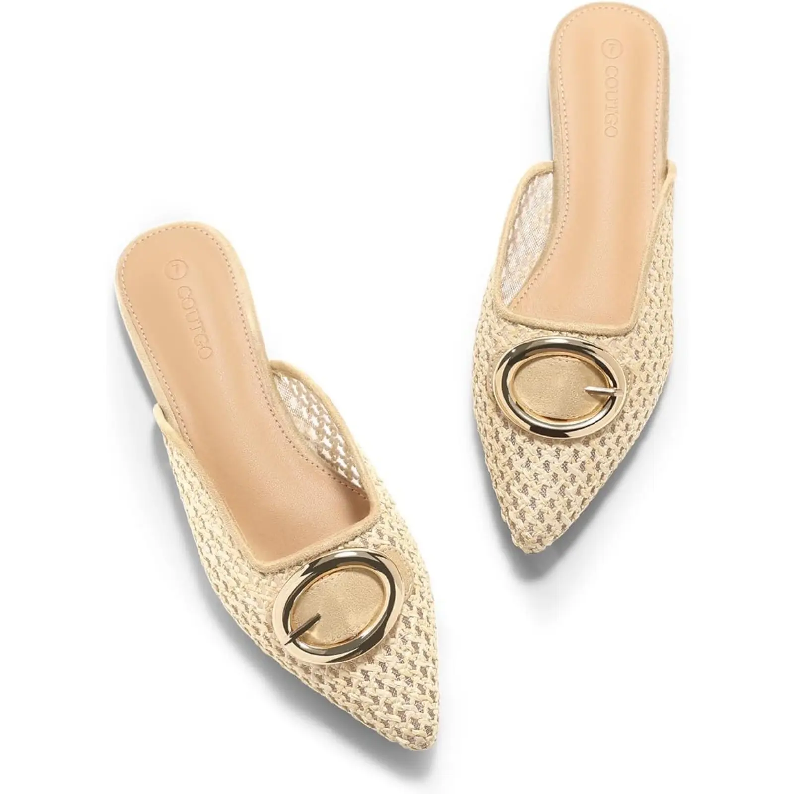 Coutgo Women's Woven Raffia Mules - Pointed Toe Slip-On Ankle Footwear with Metal Detail, Basic Lightweight Rubber-Soled Summer Casual Flats