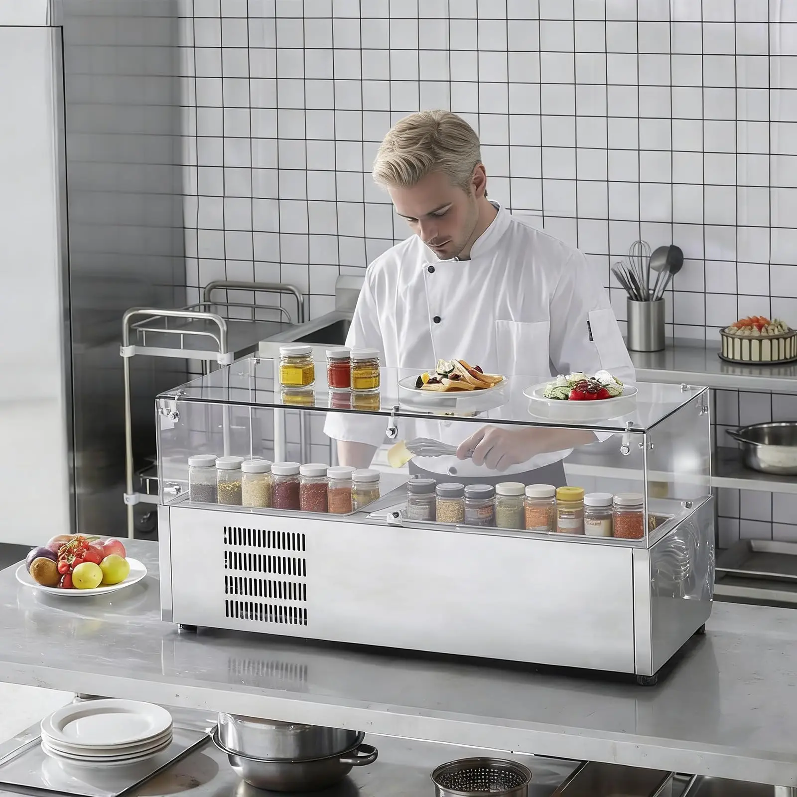 Refrigerated Prep Station – 130W Air-Cooled Salad Bar Buffet Table, 35–46°F Digital Temperature Control, 1/3 Pan & 4 x 1/6 Pans, 304 Stainless Steel with Glass Shield for Restaurant & Food Truck Use