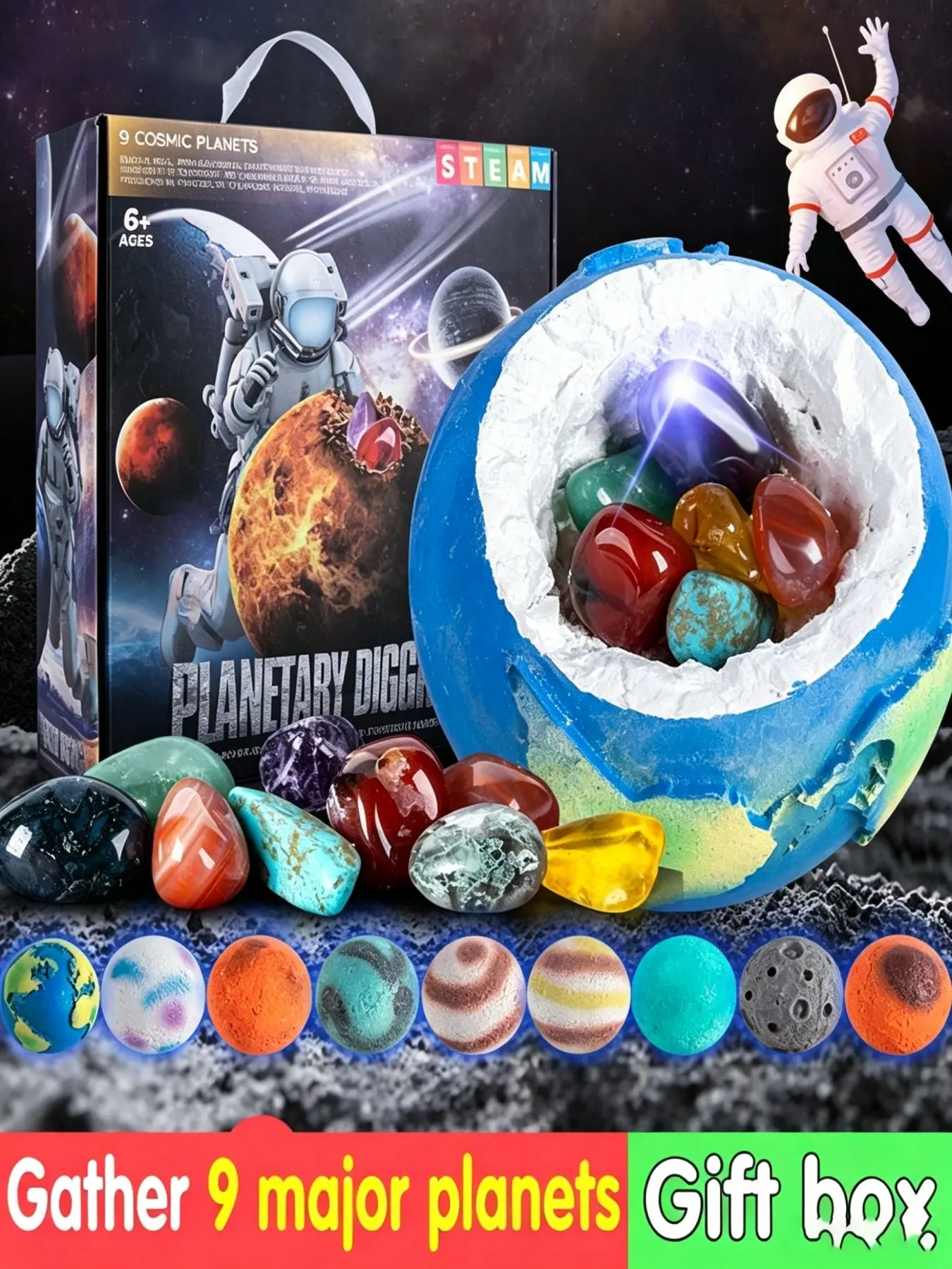 1pc/9pcs Cosmic Planet Mining Archaeological Mining Teaching Kit Set, Science Kit, Digging Real Natural Gem Crystals Scientific Experiment Props, Exploring the Nine Planets' Mineral System of Natural Crystals, Birthday and School Project Gifts