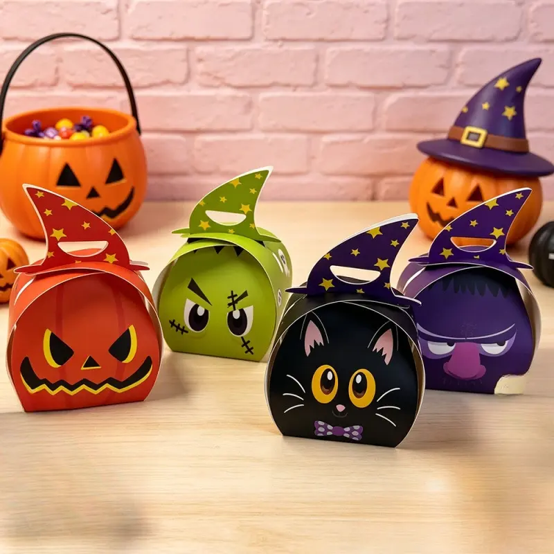 12PCS Cute Halloween Black Cat Gift Boxes with Witch Hat Topper, Ghost Pumpkin Pattern Paper Candy Treat Box, Portable Snack Goodie Packaging Box for Kids Trick or Treat Halloween Party Favors