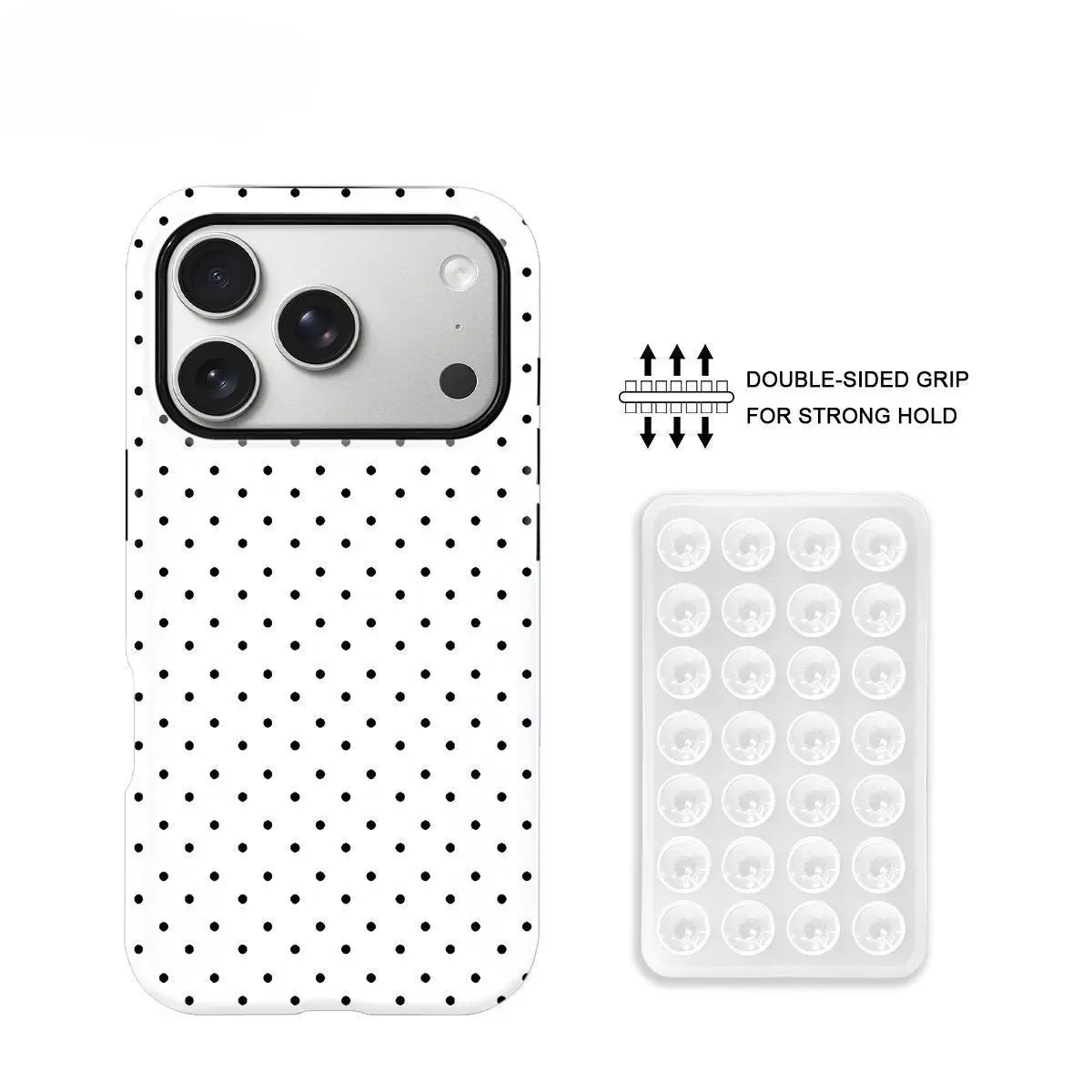 Classic Black & White Polka Dot 2-in-1 Suction Cup Smartphone Case, PC+TPU Glossy Hard Shell Casing, Shockproof & Scratch-Resistant Protector, Minimalist Retro Phone Accessory for iPhone 17/17 Pro/18 Pro Max/17 Air/16/15/14/13/12/11/XR/XS Max