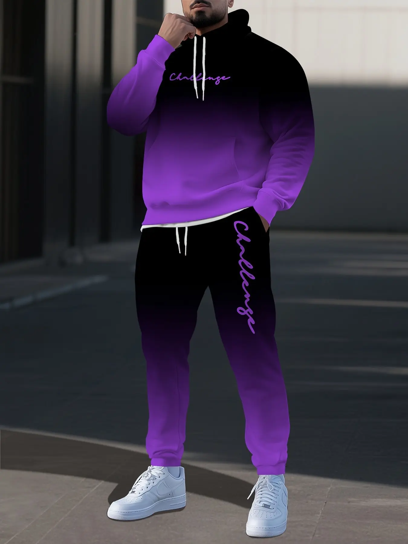 Gradient Color Hooded Sweatshirt Set, Men's Casual Sportswear, Patchwork Design Letter Print, Couple, Two-Piece Set