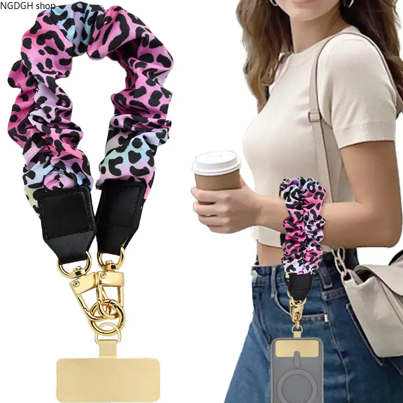 Women's Universal Cell Phone Crossbody Strap - Soft Fabric Scrunchie Leopard Print Adjustable Sport Ready Lanyard, Comfortable Shoulder Neck Holder, Trendy Fashion Accessory for Sports Use, Double Door Buckle Short Crossbody Accessory, Cell Phone Strap, C