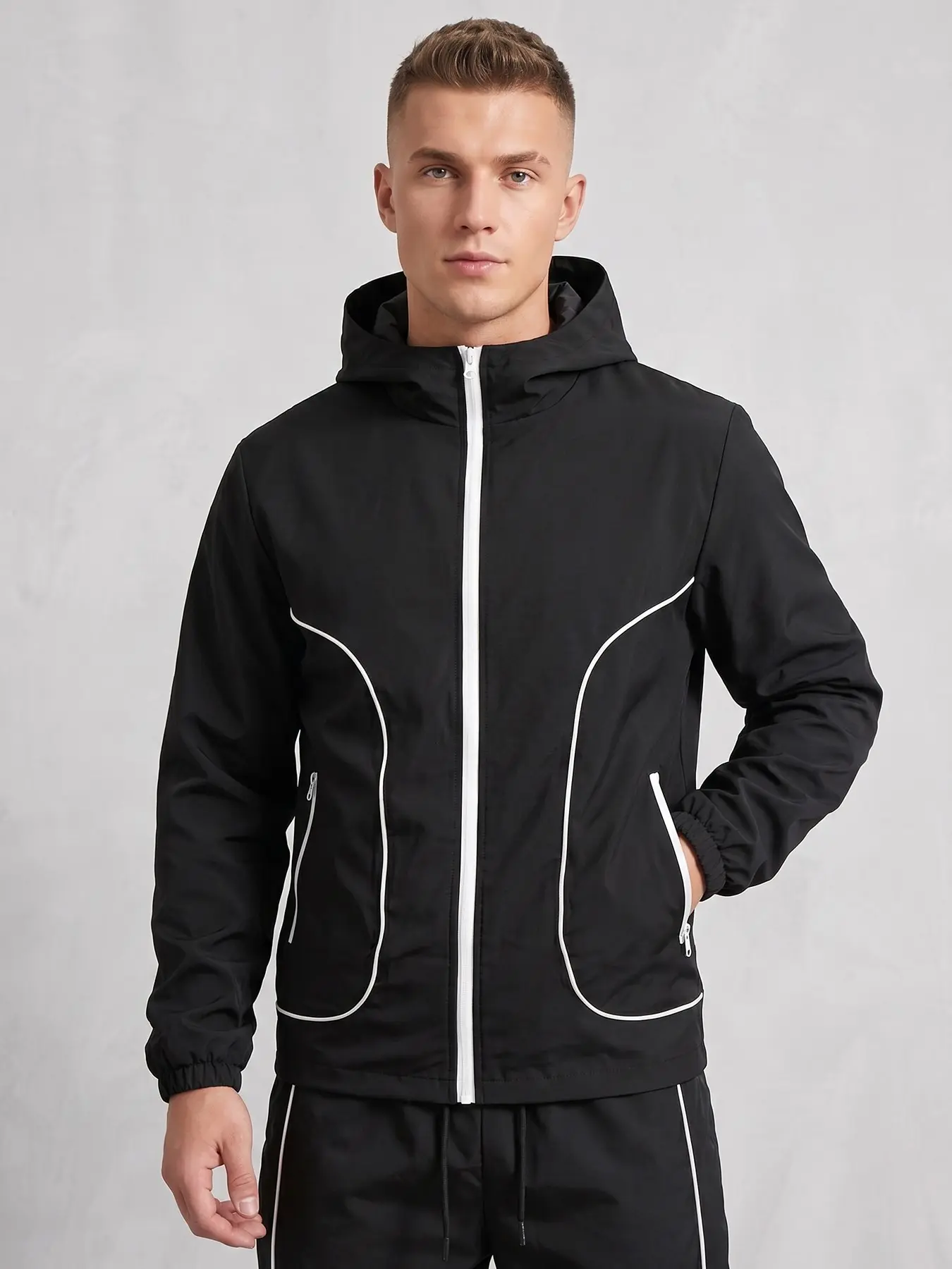 Men's Contrast Piping Full Zip Hooded Windbreaker Jacket, Lightweight Windproof Athletic Track Coat with Zipper Side Pockets Elastic Cuffs, Casual Outdoor Running Sport Outerwear Tops, Sports Outerwear
