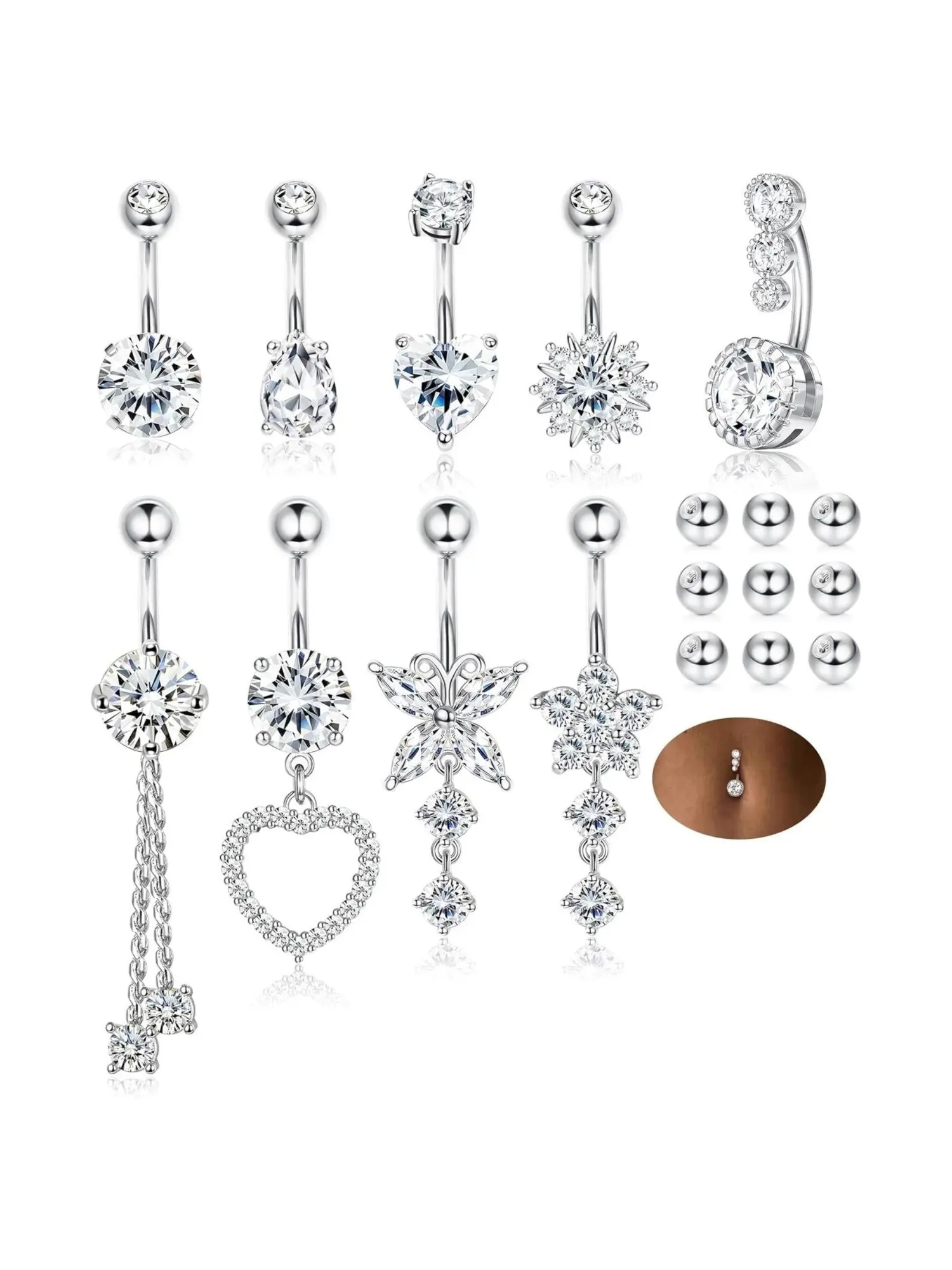 Brilliant 9 Pcs Silvery Sparkling Belly Button Rings Surgical Stainless Steel Hypoallergenic Navel Rings for Women Men Piercing Rings with Extra Replacement Balls Trendy Dangle Belly Button Piercing Jewelry Body Piercing Jewelry Body Jewellery