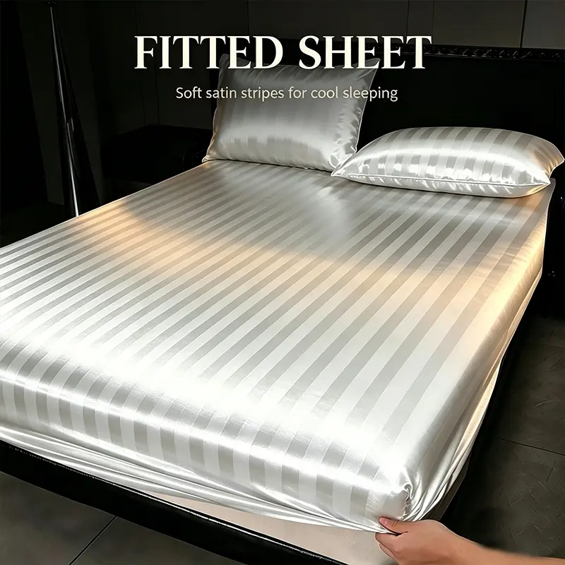 Viral Glossy Satin Striped Fitted Sheet, Smooth Silky Cool Surface Anti-Wrinkle Bed Liner, Stretch Elastic Edges Prevent Sliding, Ideal Bedding for Warm Weather Daily Naps, Bedsheets