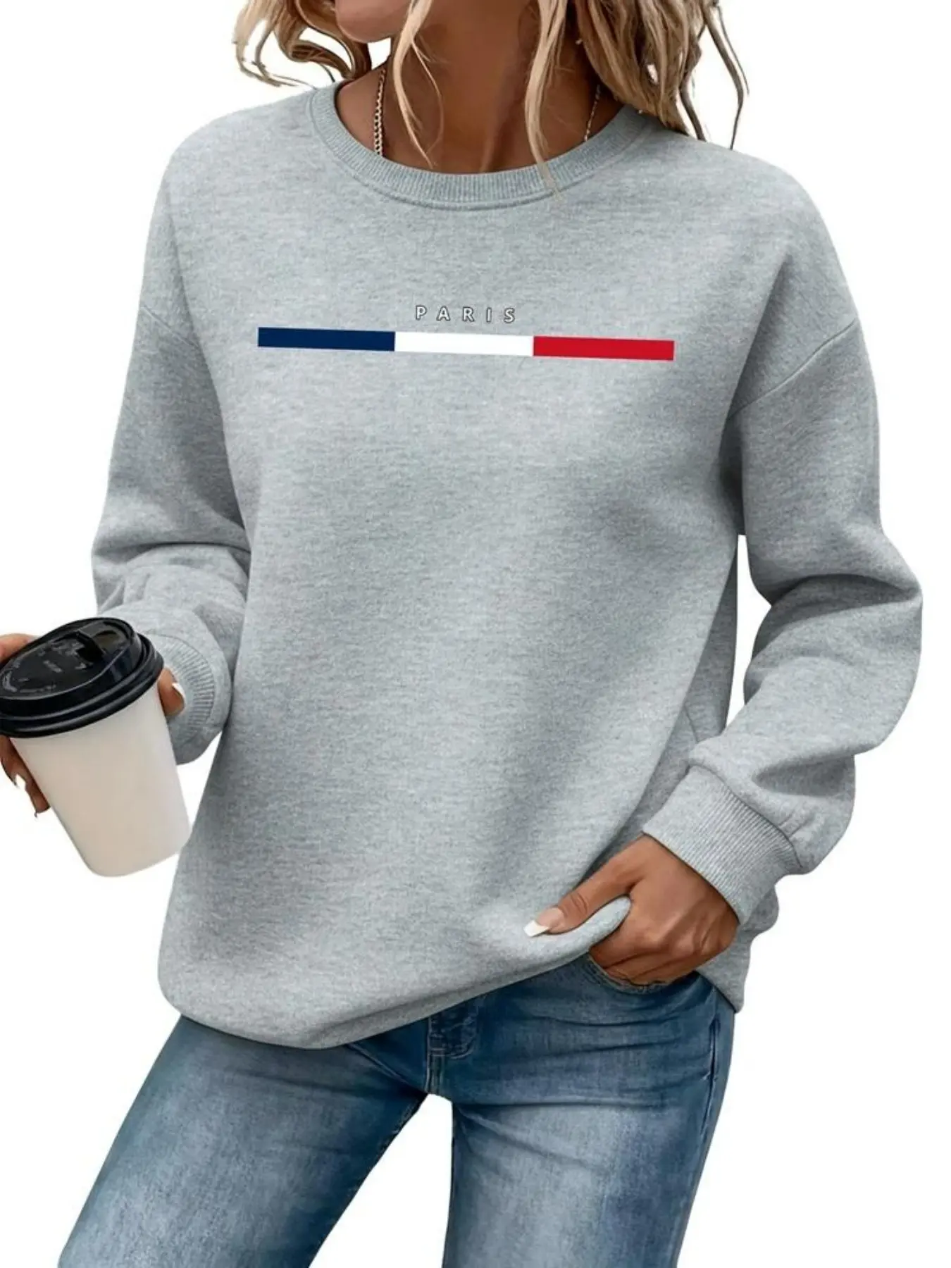 Women's Paris Pattern Print Sweatshirt, Round Neck Casual Style, Perfect for Fall Winter, Comfortable Daily Wear Outerwear