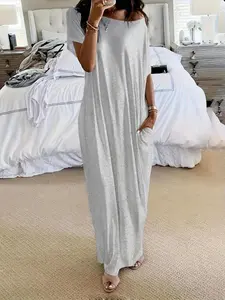 3-Pack Women Casual Nightgowns, Oversized Off-Shoulder Maxi House Dresses, Loose Fit Soft Knit Fabric Loungewear with Side Pockets, Nightwear