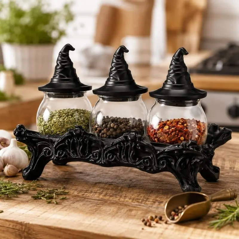 Halloween Witchy Spice Jars Set 3 Pcs Gothic Vintage Apothecary Glass Jars with Witchy Hat Lids Home Kitchen Utensils Decoration Food Storage Container Herb Tea Salt Spice Pepper Display