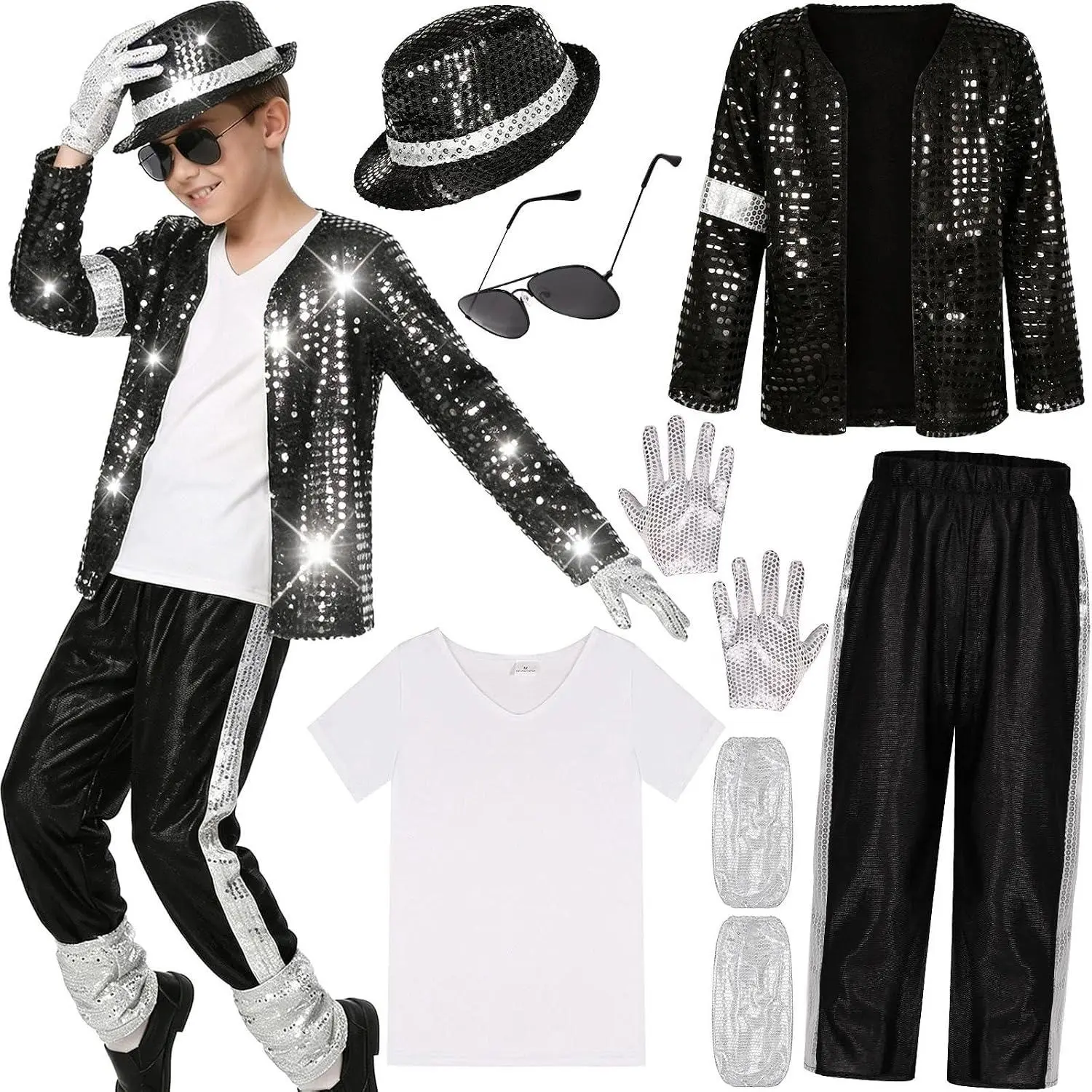 Kids Adults Boys' 80s-90s Pop Dance Star Costume - Polyester Sequins Stripes T-Shirt Halloween Stage Outfit, Sunglasses Included, Halloween Ideas, Striped Pants, Costume Ideas, Dance Costumes