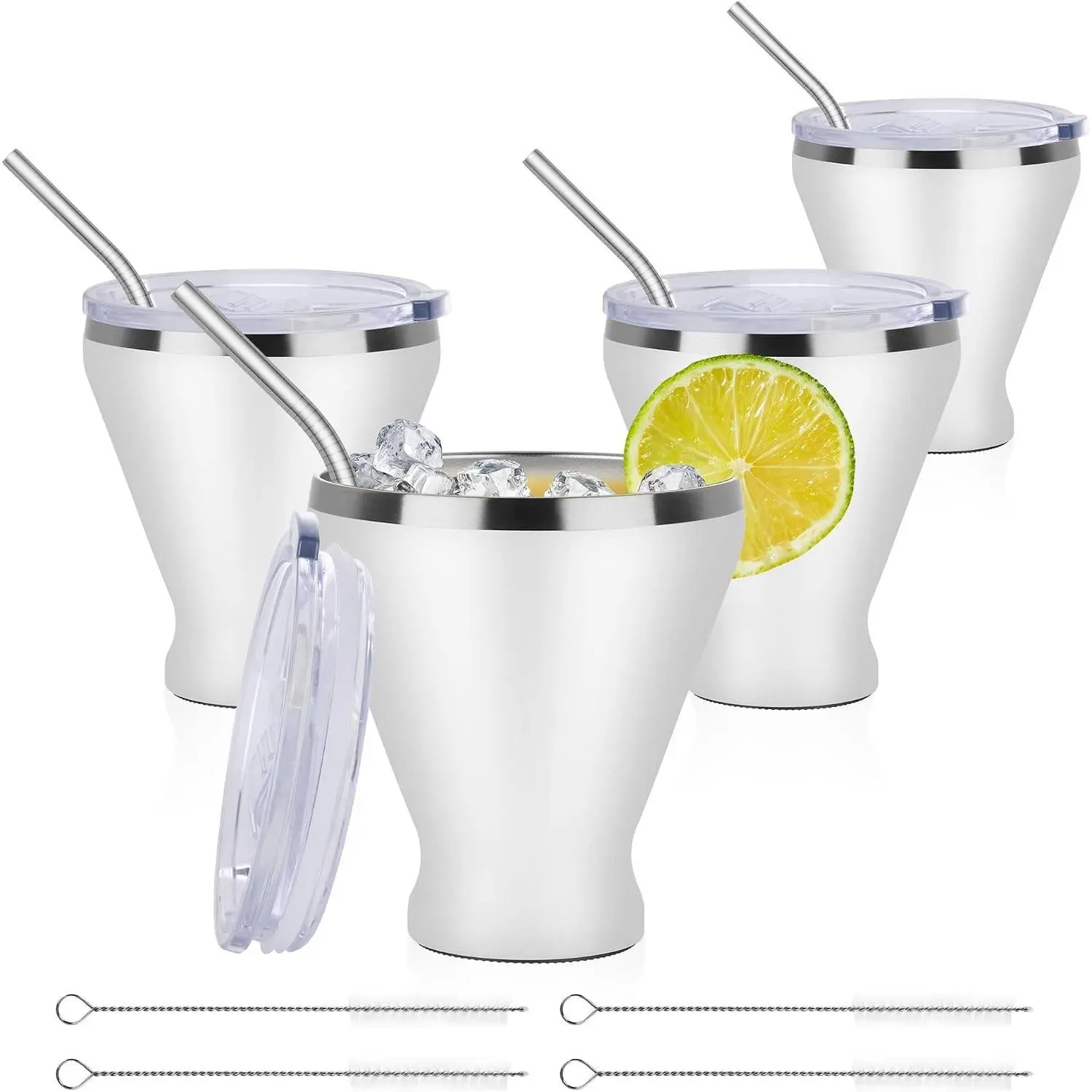 12 Oz Stainless Steel Insulated Martini Glasses with Lid & Wide Mouth, Double-Wall Vacuum Drink Tumblers with Straw, Stemless Cocktail Glass Set of 4, White, Insulation