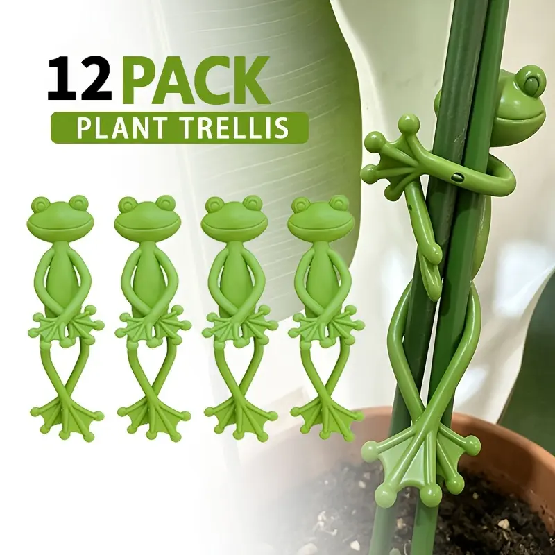 12 pieces of cartoon frog-shaped plant support stakes, sturdy garden climbing plant trellis perfect for grapevines, roses, vegetables, and flowering vines in homes, patios lawns, front porches, balconies, or indoor/outdoor gardens.