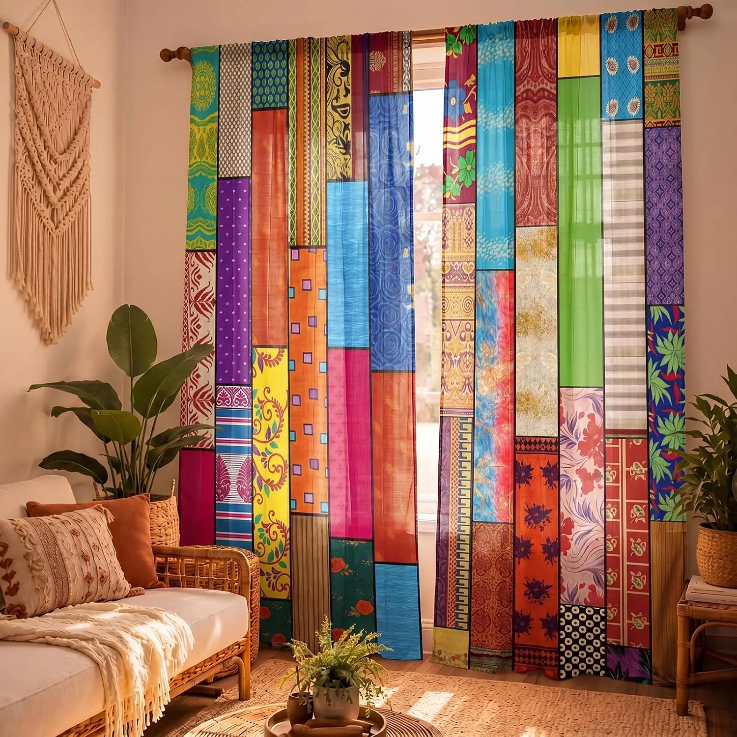 Indian Sari Curtains 1 Pair 82x43 Silk Patchwork,Modern| Handmade Silk Blend Drapes, Multi Color Patchwork for Bedroom Living Room, Boho Window Treatment Tapestry, Indian Curtains