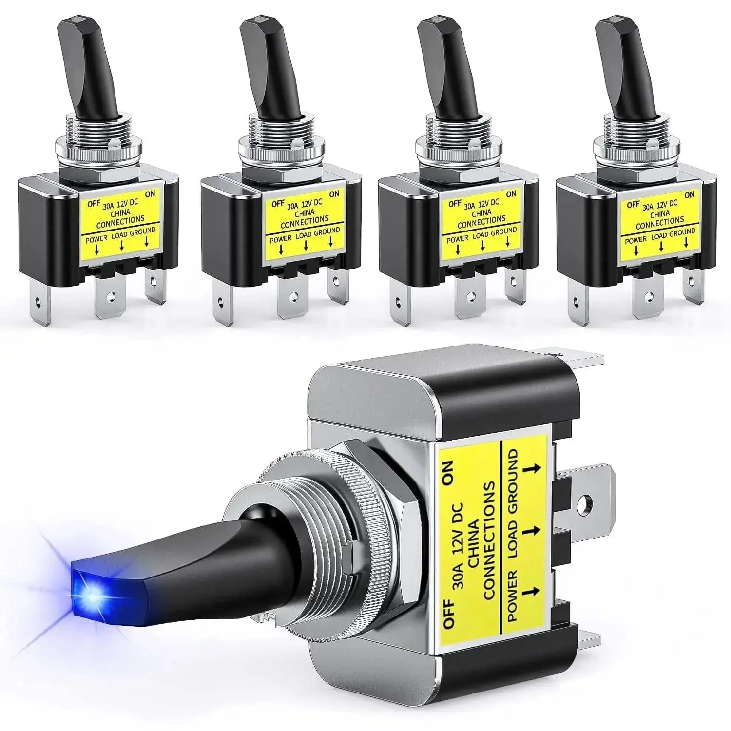 Nilight 5-Pcs 3-Pin SPST Blue LED Toggle Switch - 30A Rating, Metal Body, Copper Blade 3-Pin Terminals, 12V-24V DC, 1.12*0.63*2.21in, On/Off Control for Cars, Off Road Vehicles, Vehicle Electrical Equipment