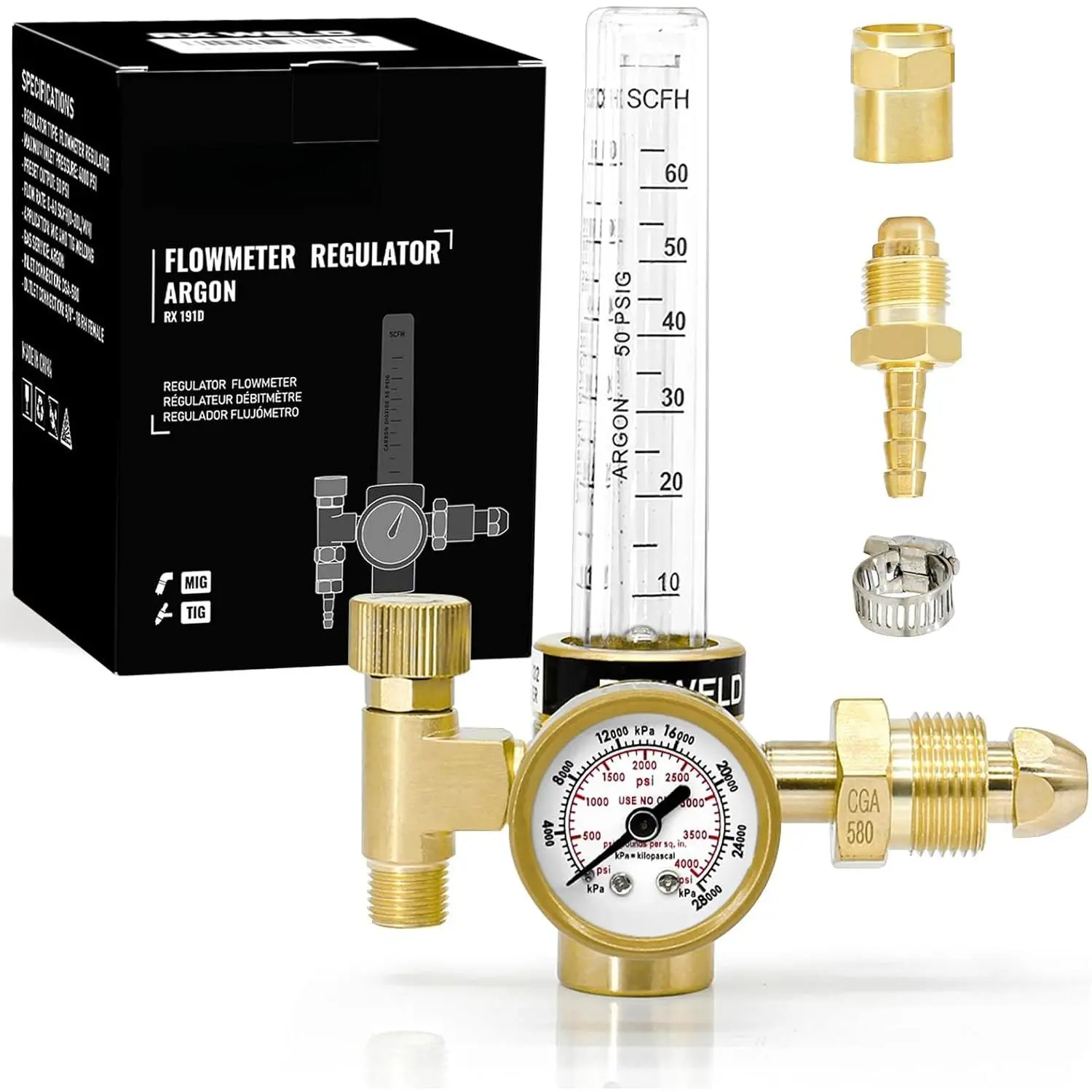 Argon Flowmeter for MIG TIG , CGA580 | 0-60 CFH ball-type flowmeter.  9/16" & 5/8" outlets + 1/4" barb.