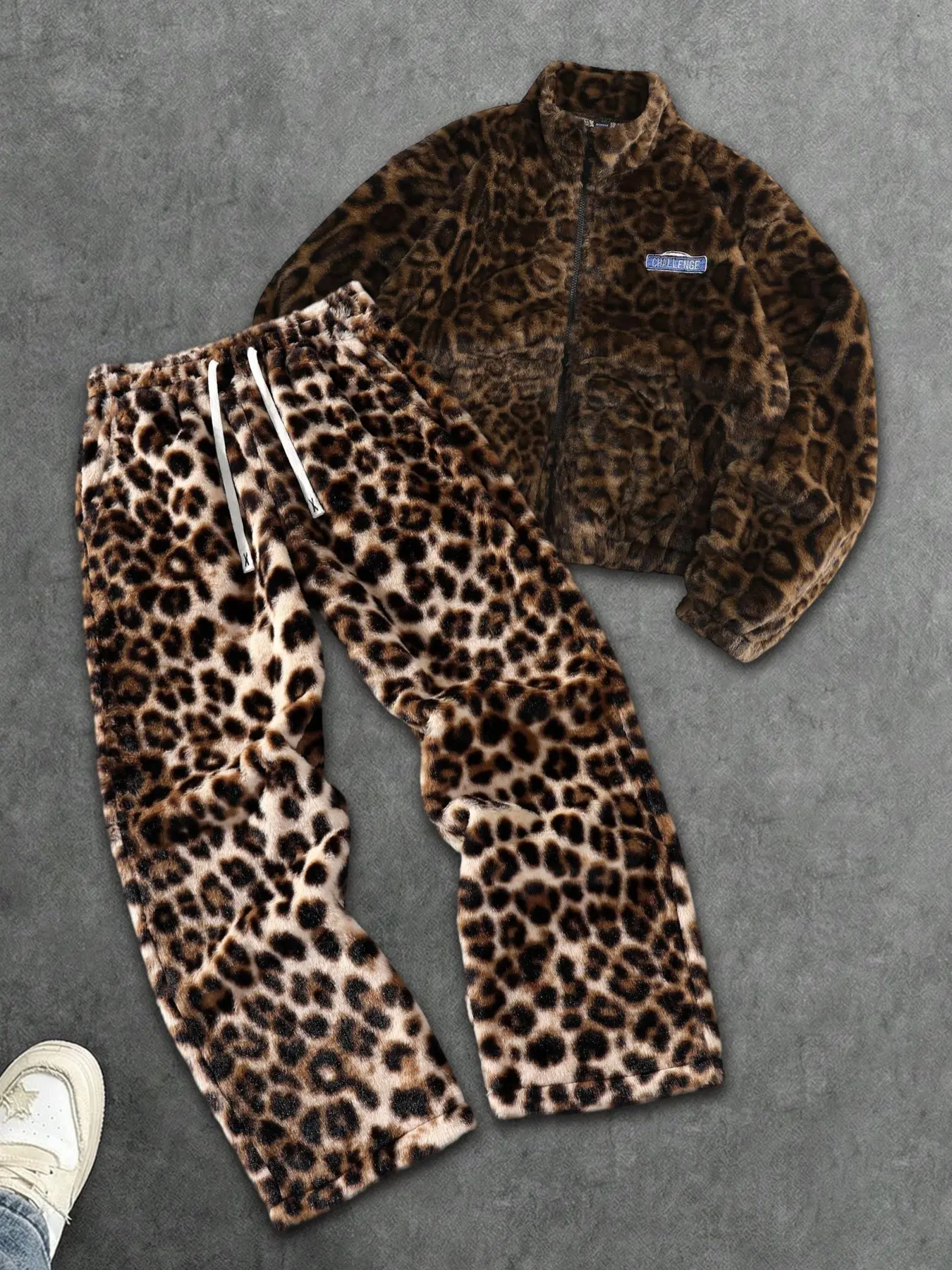Leopard Pattern Faux Fur Set, Short Stand Collar Jacket & Wide Leg Pants, Blue Lettering Detail, Zipper Design, Fall Winter